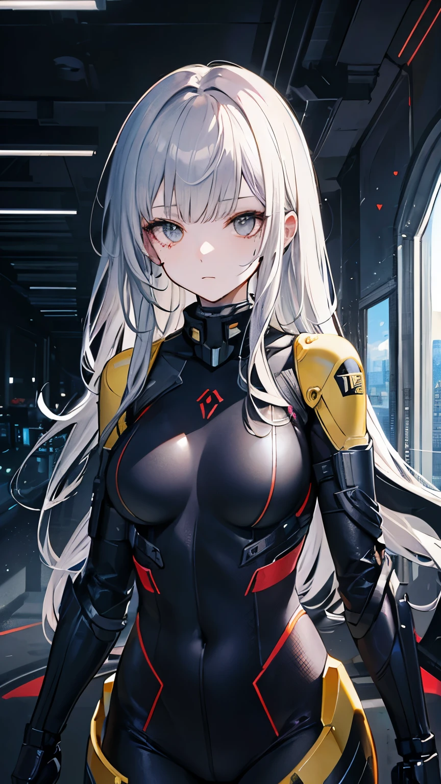 Gray Hair, bangs, Long Hair, Mole under the eye, Symbol-shaped pupil, Cinema Lighting, Chiaroscuro, Textured skin, masterpiece, Attention to detail, Super Detail, A scene from a science fiction movie. A soldier working in a city on another planet. Wear a functional bodysuit. Shoulders and arms are equipped with mechanical parts.. young woman.