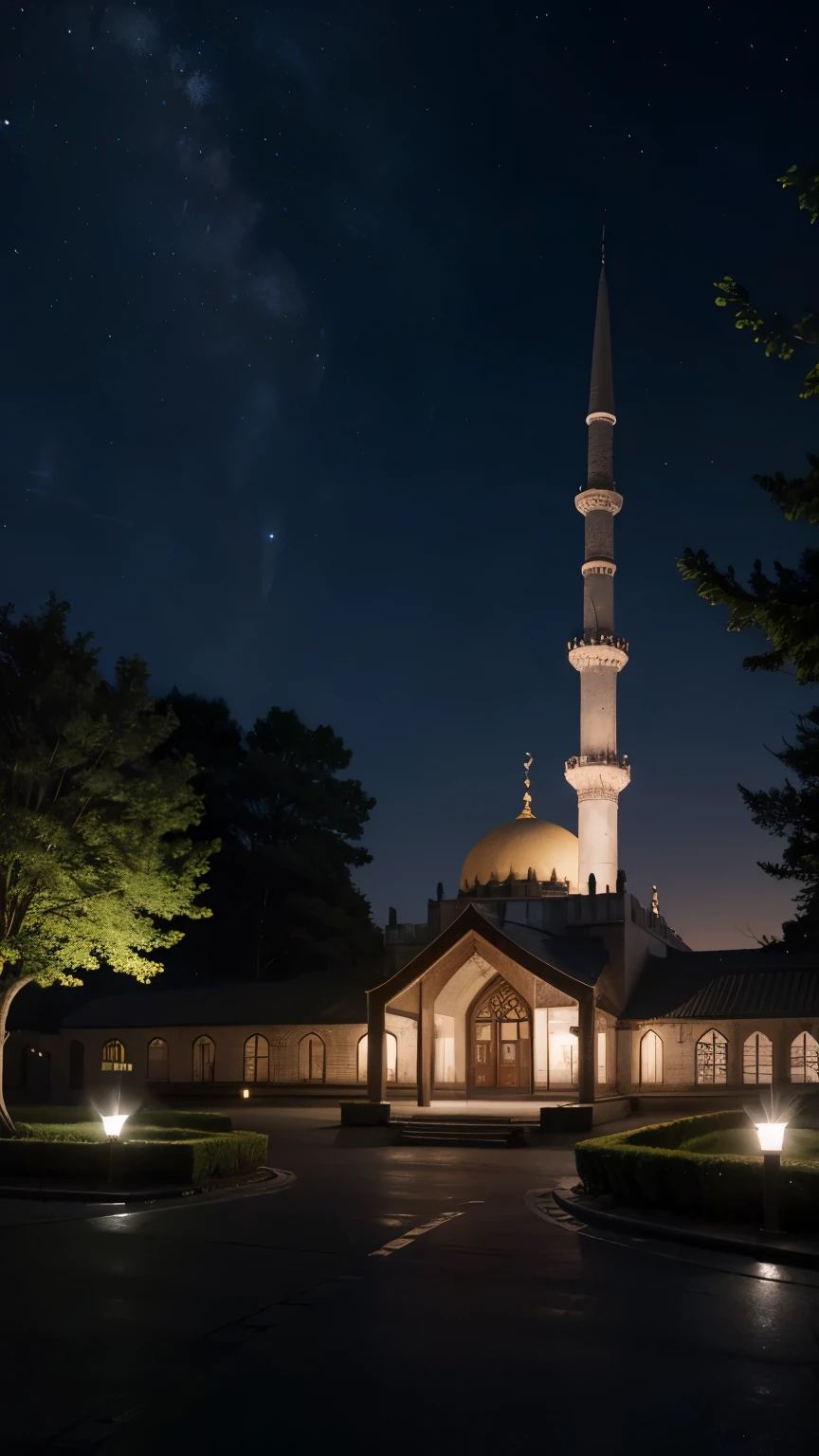 mosque, beautiful, exterior, trees, night, dark, bright sky 