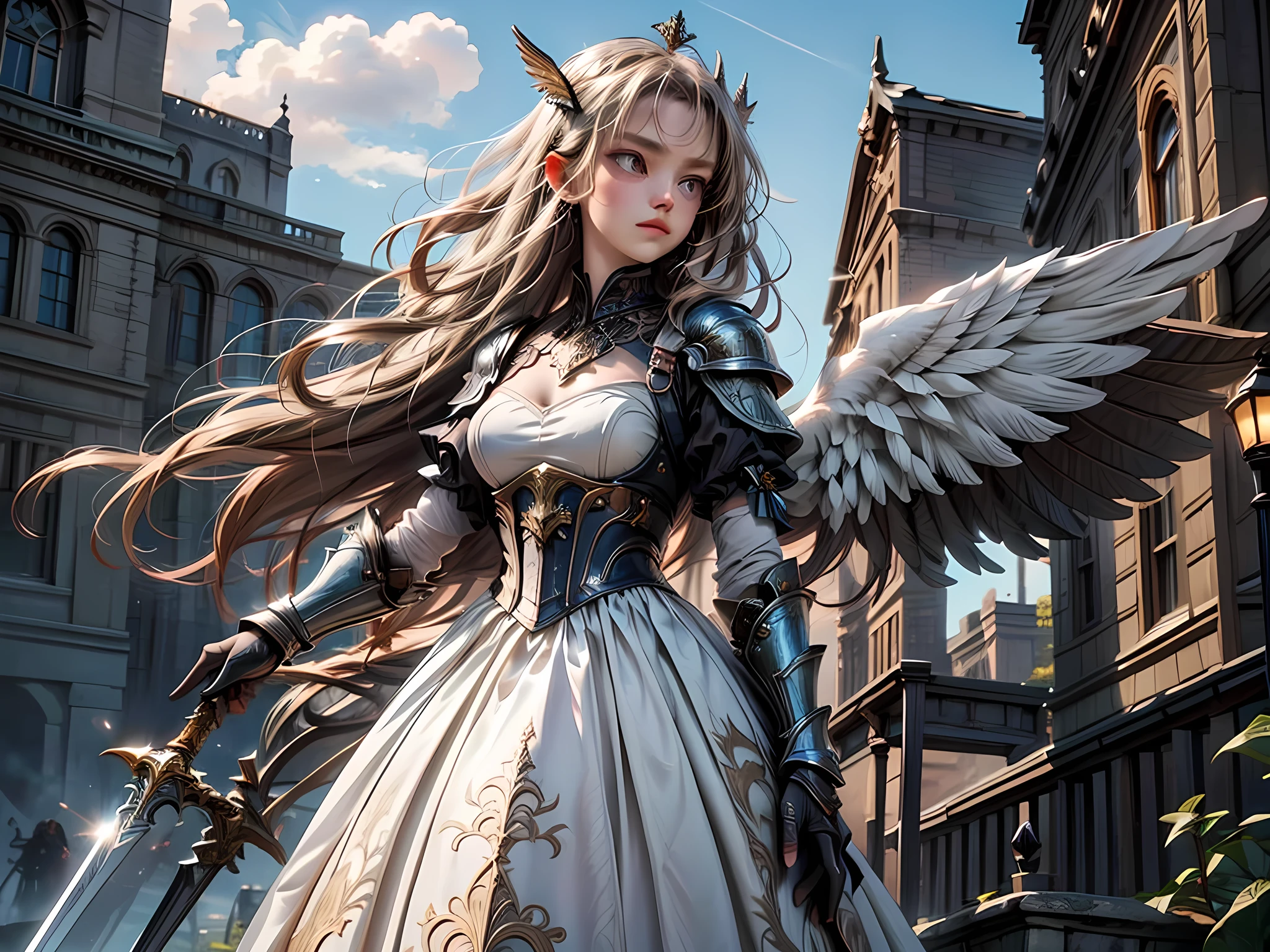 16K, ultra detailed, masterpiece, best quality, (extremely detailed), arafed, dnd art, portrait, full body, aasimar, female, (Masterpiece 1.3, intense details), female, paladin, holy warrior fighting undead (Masterpiece 1.3, intense details) large angelic wings, white angelic wings spread (Masterpiece 1.3, intense details), dark fantasy cemetery background, moon light, moon, stars, clouds, wearing (white: 1.1)  armor (Masterpiece 1.3, intense details), holy symbol, armed with sword, short blond hair,  detailed face, (Masterpiece 1.5, best quality), anatomically correct (Masterpiece 1.3, intense details), angel_wings, determined face, god rays, cinematic lighting, glowing light, silhouette, from outside, photorealism, panoramic view  (Masterpiece 1.3, intense details) , Wide-Angle, Ultra-Wide Angle, 8k, highres, best quality, high details, armored dress