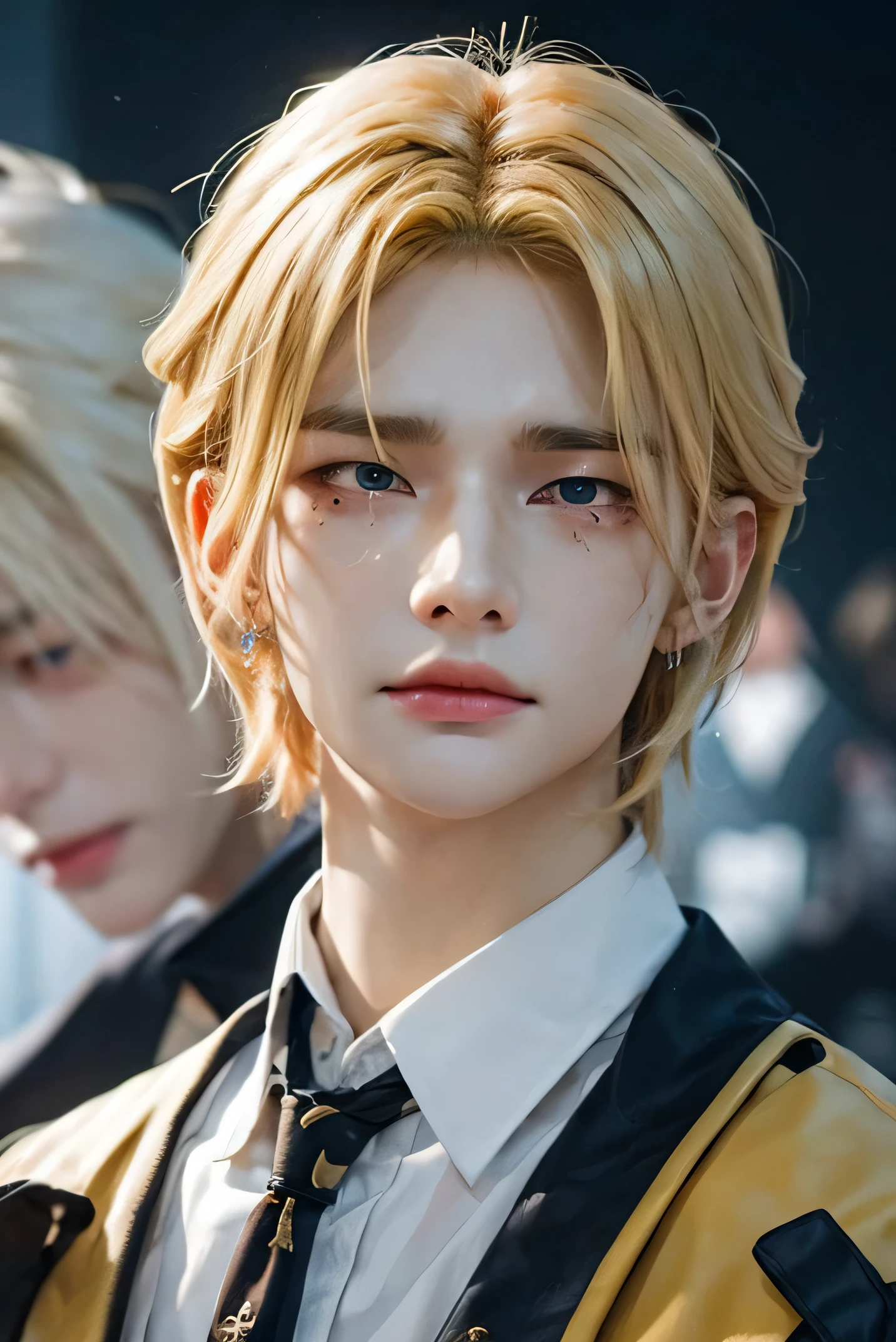 There is a man with blond hair, looking at the viewer, staring, his face is one of anger and suffering, injustice, tears coming out of his eyes, revenge, inspired by the tales of Lucifer looking at God after being banished from heaven, concept art, character, blonde hair, yellow eyes, young male, 17 years old, inspired by The Fallen Angel ((The Crying Lucifer Painting)),