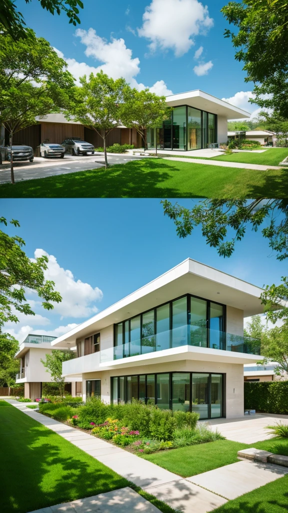 Green building design with landscape and plants, energy saving, ecofriendly.