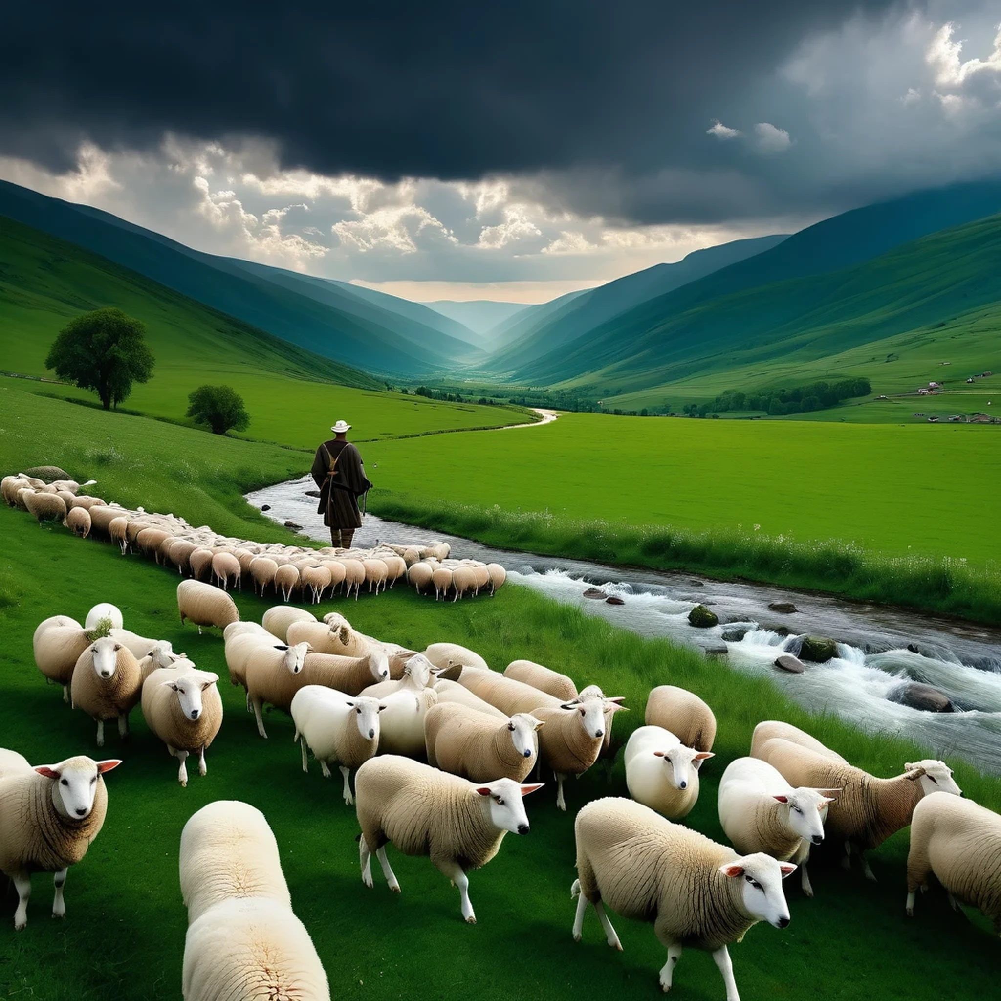 The shepherd leads the white flock to rest by the stream, near the vast green meadows, in the distance there is a valley of dark clouds, below the valley is the abyss, the abyss dark clouds, HD detail, hyper-detail, soft light, deep field focus bokeh, ray tracing. 