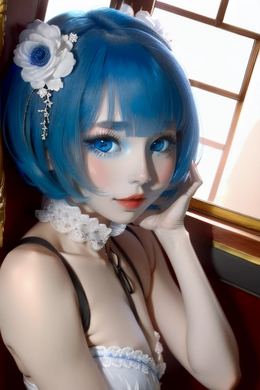 (masterpiece, highest quality, High resolution:1.2), One Girl, alone,Ram,(close)、blue eyes、Blue Hair、Seductive pose