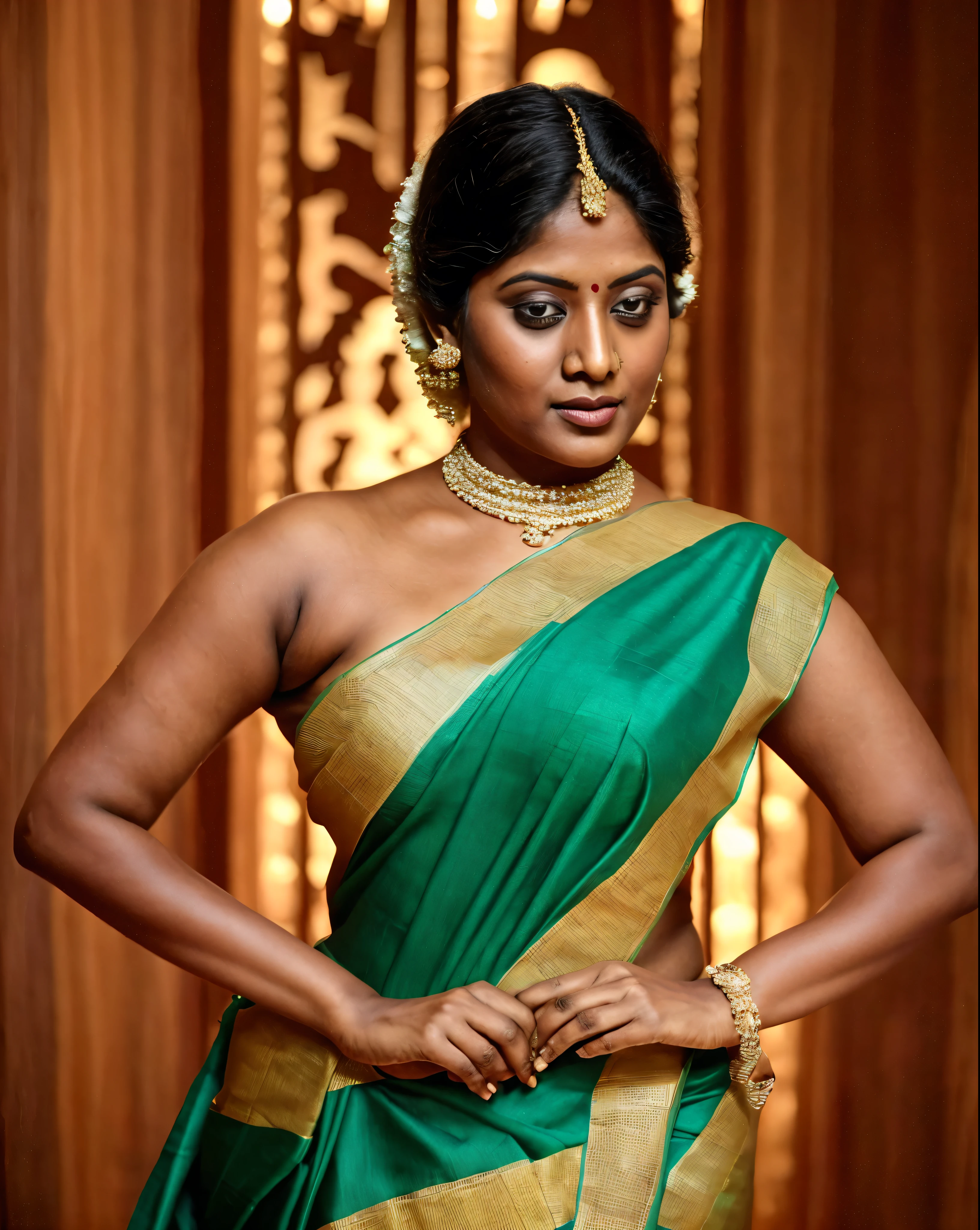 Looks like Indian Actress Ester Noronha, An Extremely gorgeous and beautiful Bengali village woman, 45 yo, pale white skin, sensual appealing body, perfect thick and chubby Beauty, wearing saree bare-chested, wearing a Bengali-style saree without a blouse,, ethnic vintage bengali village woman, bengali style saree, The sari was worn without a blouse and petticoat before the British Raj, baring one's chest or being blouseless, Bengalis a.k.a. Bongs are known for their unique Bengali fashion sense (the way they don that sari makes you go wow), Pre British Raj, Pre colonial era, Bengali Woman draping sari without blouse is a normal thing in pre British Era, bong woman, wearing kajal or kohl or kajol in eyes,