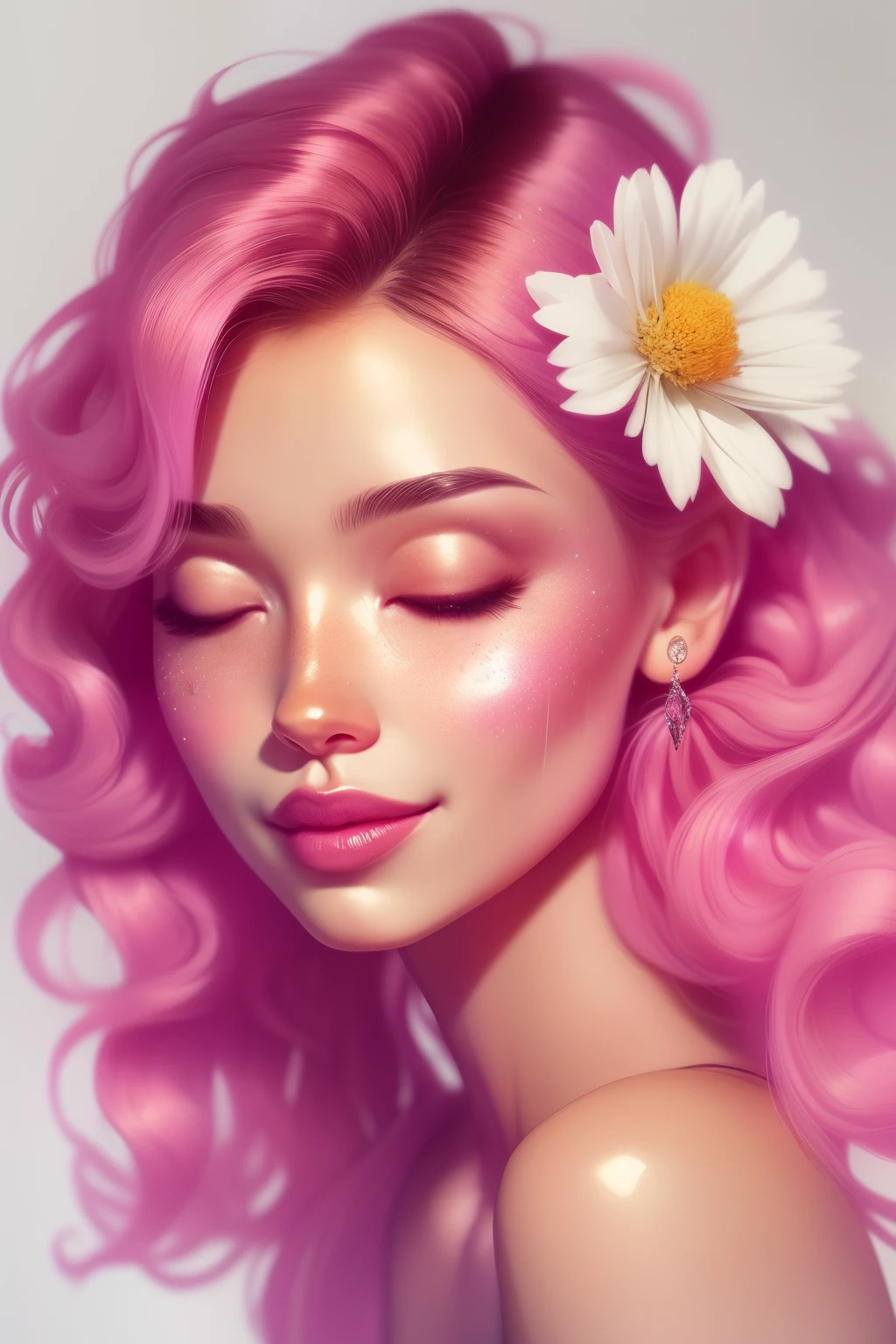 (This is a beautiful rainbow fantasy image that feels interesting and emphasizes glitter and iridescence.) Generate a ((blind)) curvy woman with colorful curly hair and milky white eyes. Her face is important and is perfectly formed with puffy lips and perfect features. (Her eyes are critically important and are (blank) and (solid white)). The image exudes ethereal beauty and soft fantasy. Include sweet and detailed birds and soft, luminous flowers in all the colors of the rainbow. The image's background is decorated in shades of pink, shimmer, glitter, and fantasy details like colored bubbles and cosmos. Utilize dynamic composition to create a compelling and action-packed image. Dramatic lighting and cinematic lighting enhance the woman's beauty and the soft colors in the artwork. (((((Perspective: head on.))))) Include fantasy, cute, colorful, colourful, interesting magic background, ((((blank eyes)))), ((((empty white eyes)))), (shirome eyes:1.3), (smirking), (perfectly rendered solid whiteeyes), ((birthmark on lip)), ((pretty lips)), beautiful background, complex background, sweet background, (((rainbow)))