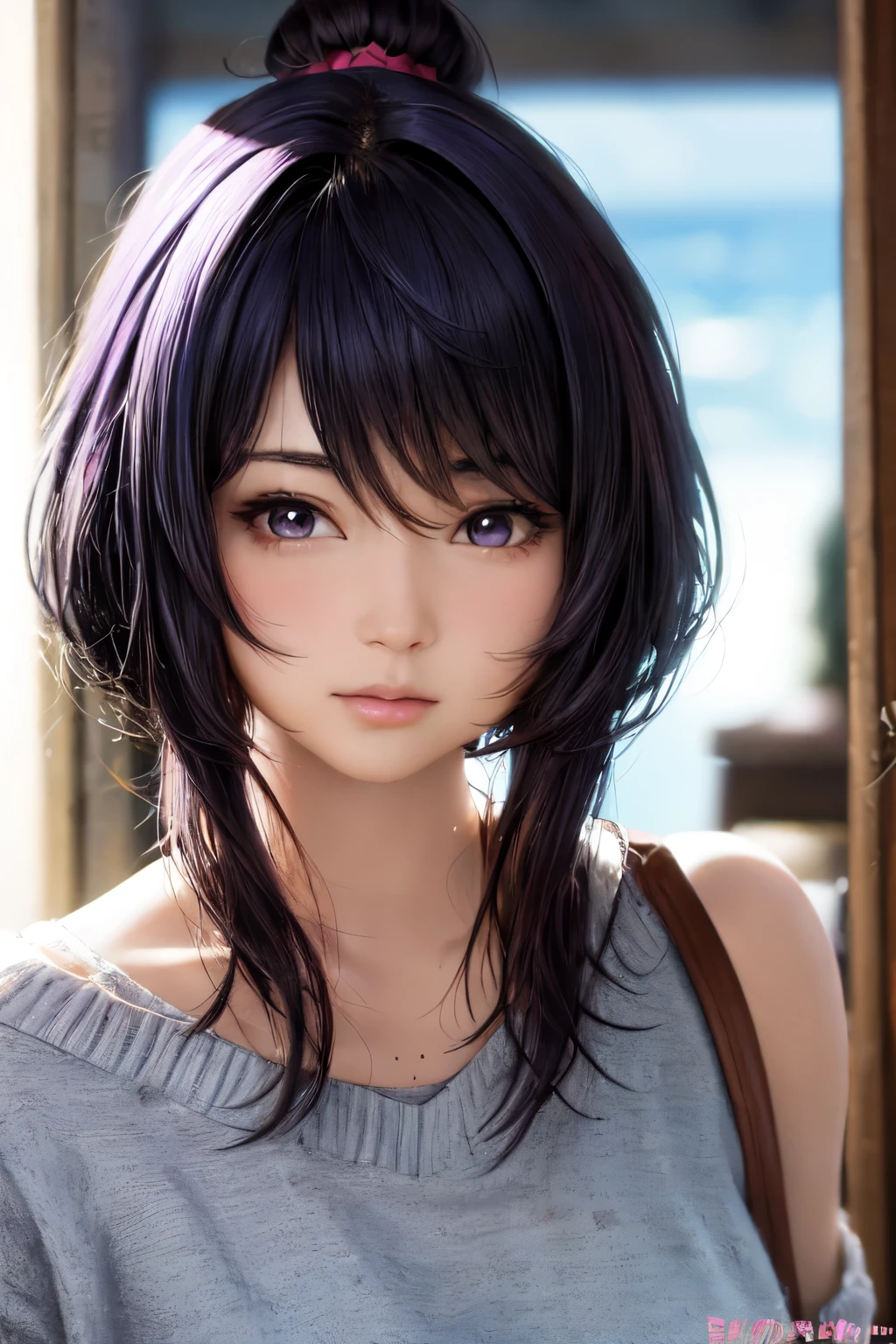 ((melhor qualidade)), (detalhado), rosto perfeito, girl with lime green eyes and purple hair, tomboy
