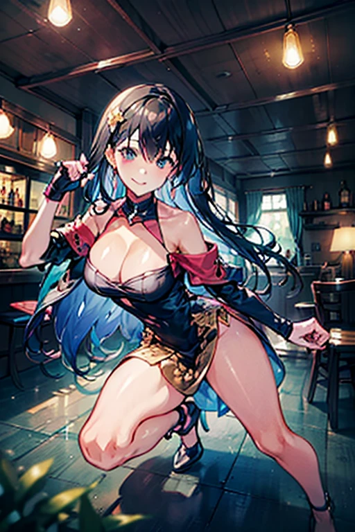 (dynamic angle:1.3, front view:1.1, breast focus:1.3, from below:1.2), (dynamic posing:1.5, sexy posing:1.2, leaning forward), (seductive smiling:1.3), beutiful woman, 1girl,fullbody, happy, (with sparkling eyes and a contagious smile:1.2), red face, closed mouth, beautiful detailed eyes, super detailed skin, backlighting, bare shoulders, black background, black dress, black gloves, black hair, breasts, dress, earrings, fingerless gloves, floating hair, floral print, flower, gloves, gold earrings, gold hairband, hair flower, hair ornament, hairband, holding, holding two-hands knife weapon, jewelry, small breasts:1.2, long hair, looking at viewer, off-shoulder dress, off shoulder,blue eyes, short hair with long locks, sidelocks, solo, spikes, thighs, two-sided dress, two-sided fabric, weapon, fighting stance , face, close up, from above, highest quality, high resolution,Real World, Natural light,perfect Natural light,looking at viewer,The bar is beautiful, with colorful bottles of alcohol in the background and a soft glow from neon lights.