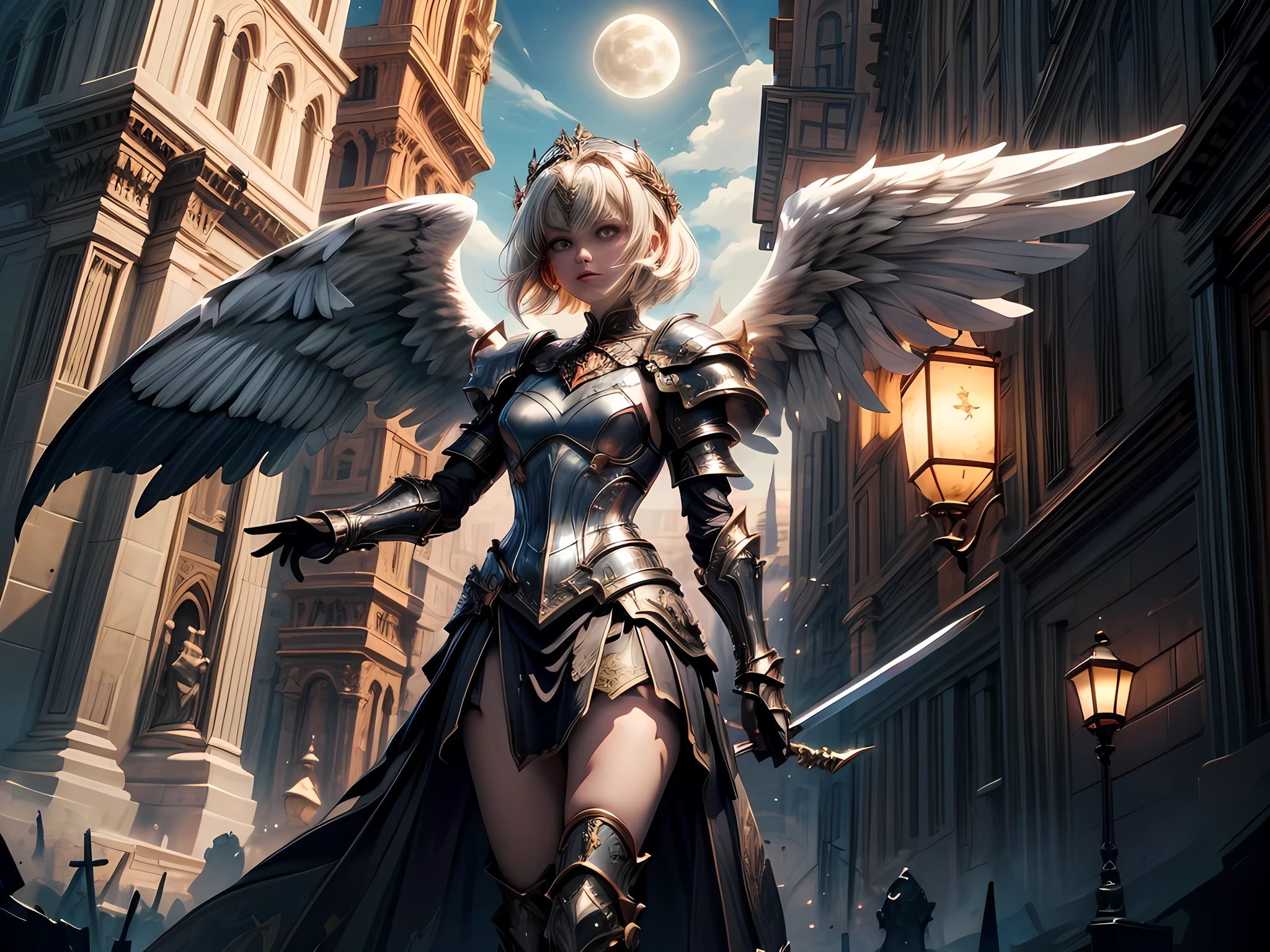 16K, ultra detailed, masterpiece, best quality, (extremely detailed), arafed, dnd art, portrait, full body, aasimar, female, (Masterpiece 1.3, intense details), female, paladin, holy warrior fighting undead (Masterpiece 1.3, intense details) large angelic wings, white angelic wings spread (Masterpiece 1.3, intense details), dark fantasy cemetery background, moon light, moon, stars, clouds, wearing (white: 1.1) armor (Masterpiece 1.3, intense details), holy symbol, armed with sword, short blond hair, detailed face, (Masterpiece 1.5, best quality), anatomically correct (Masterpiece 1.3, intense details), angel_wings, determined face, god rays, cinematic lighting, glowing light, silhouette, from outside, photorealism, panoramic view (Masterpiece 1.3, intense details) , Wide-Angle, Ultra-Wide Angle, 8k, highres, best quality, high details, armored dress, landing_wings