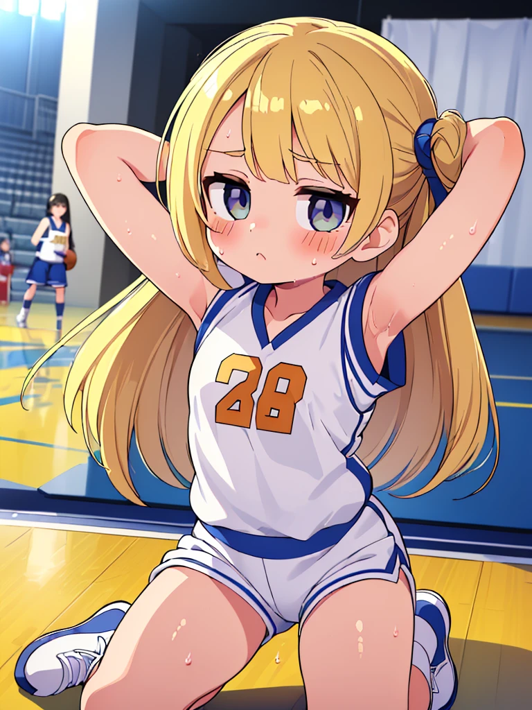 (masterpiece:1.3), (ultra detailed:1.2), (1girl:1.8), (basketball courts:1.5), (cowboy shot:1.3), teens, blonde hair, 
(baby face, cute face:1.3), (blush:1.2), (small breast:1.3), (sweat:1.4), (face detailed, body detailed:1.6), (basketball uniform:1.5), (uniform detailed:1.6), (side detailed:1.4), (looking at viewer:1.2), (kneeling, arms behind head, showing side:1.4)