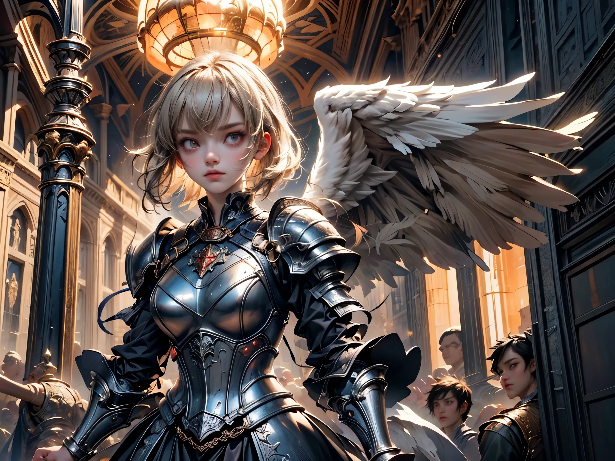 16K, ultra detailed, masterpiece, best quality, (extremely detailed), arafed, dnd art, portrait, full body, aasimar, female, (Masterpiece 1.3, intense details), female, paladin, holy warrior fighting undead (Masterpiece 1.3, intense details) large angelic wings, white angelic wings spread (Masterpiece 1.3, intense details), dark fantasy cemetery background, moon light, moon, stars, clouds, wearing (white: 1.1)  armor (Masterpiece 1.3, intense details), holy symbol, armed with sword, short blond hair,  detailed face, (Masterpiece 1.5, best quality), anatomically correct (Masterpiece 1.3, intense details), angel_wings, determined face, god rays, cinematic lighting, glowing light, silhouette, from outside, photorealism, panoramic view  (Masterpiece 1.3, intense details) , Wide-Angle, Ultra-Wide Angle, 8k, highres, best quality, high details, armored dress, landing_wings