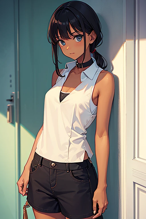 a tan girl wearing a sleeveless lowcut shirt with collar, standing