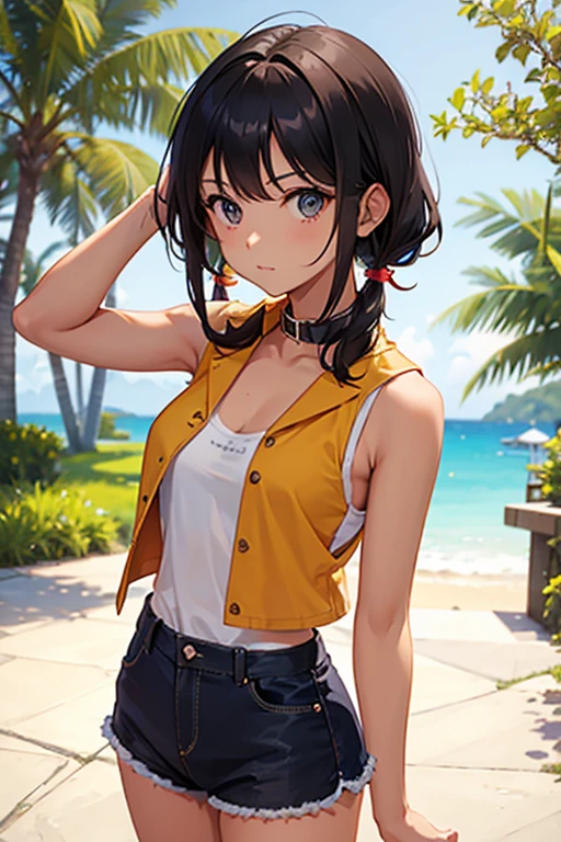 a tan girl wearing a sleeveless lowcut shirt with collar, standing