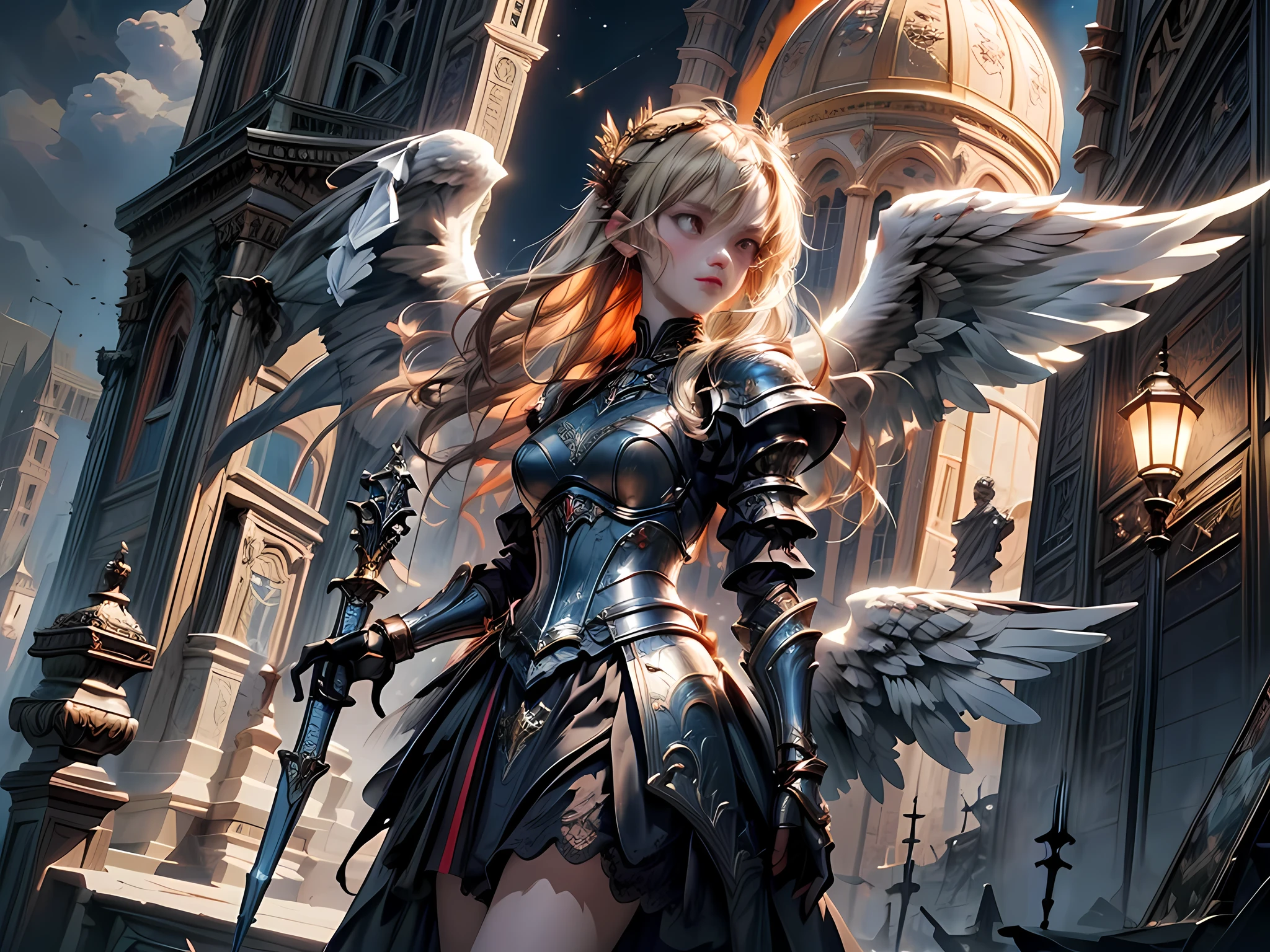 16K, ultra detailed, masterpiece, best quality, (extremely detailed), arafed, dnd art, portrait, full body, aasimar, female, (Masterpiece 1.3, intense details), female, paladin, holy warrior fighting undead (Masterpiece 1.3, intense details) large angelic wings, white angelic wings spread (Masterpiece 1.3, intense details), dark fantasy cemetery background, moon light, moon, stars, clouds, wearing (white: 1.1)  armor (Masterpiece 1.3, intense details), holy symbol, armed with sword, short blond hair,  detailed face, (Masterpiece 1.5, best quality), anatomically correct (Masterpiece 1.3, intense details), angel_wings, determined face, god rays, cinematic lighting, glowing light, silhouette, from outside, photorealism, panoramic view  (Masterpiece 1.3, intense details) , Wide-Angle, Ultra-Wide Angle, 8k, highres, best quality, high details, armored dress, landing_wings