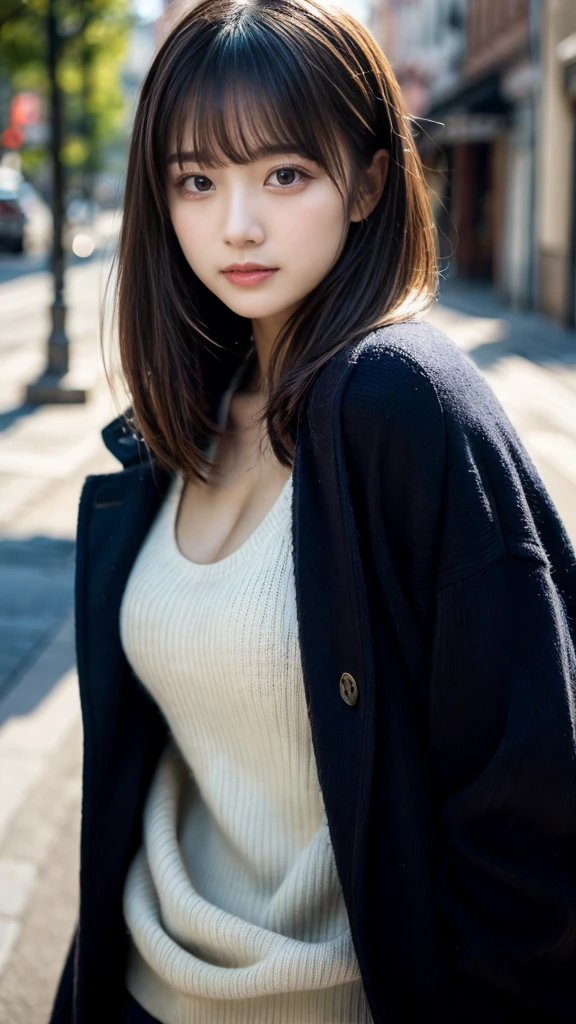 masterpiece, Best Quality, 8K, 20 yo, huge breasts, cuddly, Solo, sad, Cute, Girly, Delicate girl, Neat and clean beauty, Raw photo, Professional Photography, Portrait, Soft light, Professional Lighting, Back lighting, Upper body, shoot from front, from front, Sophisticated, Film grain, (Eyes and faces with detailed:1.0), short length floating hair, beautiful flowing hair, bangs, Pea coat, wool sweater