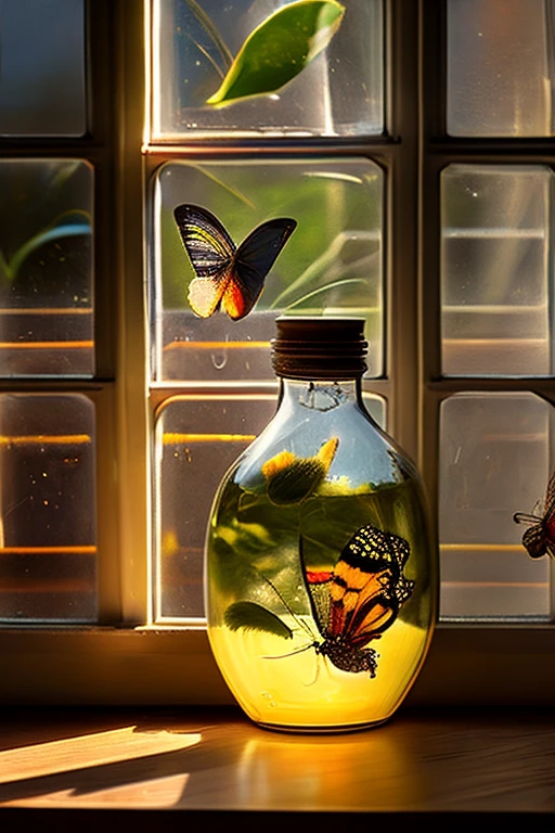 small Butterflys fluttering in a big bottle, sunlight filtering through a window, dimly lit room, on a table