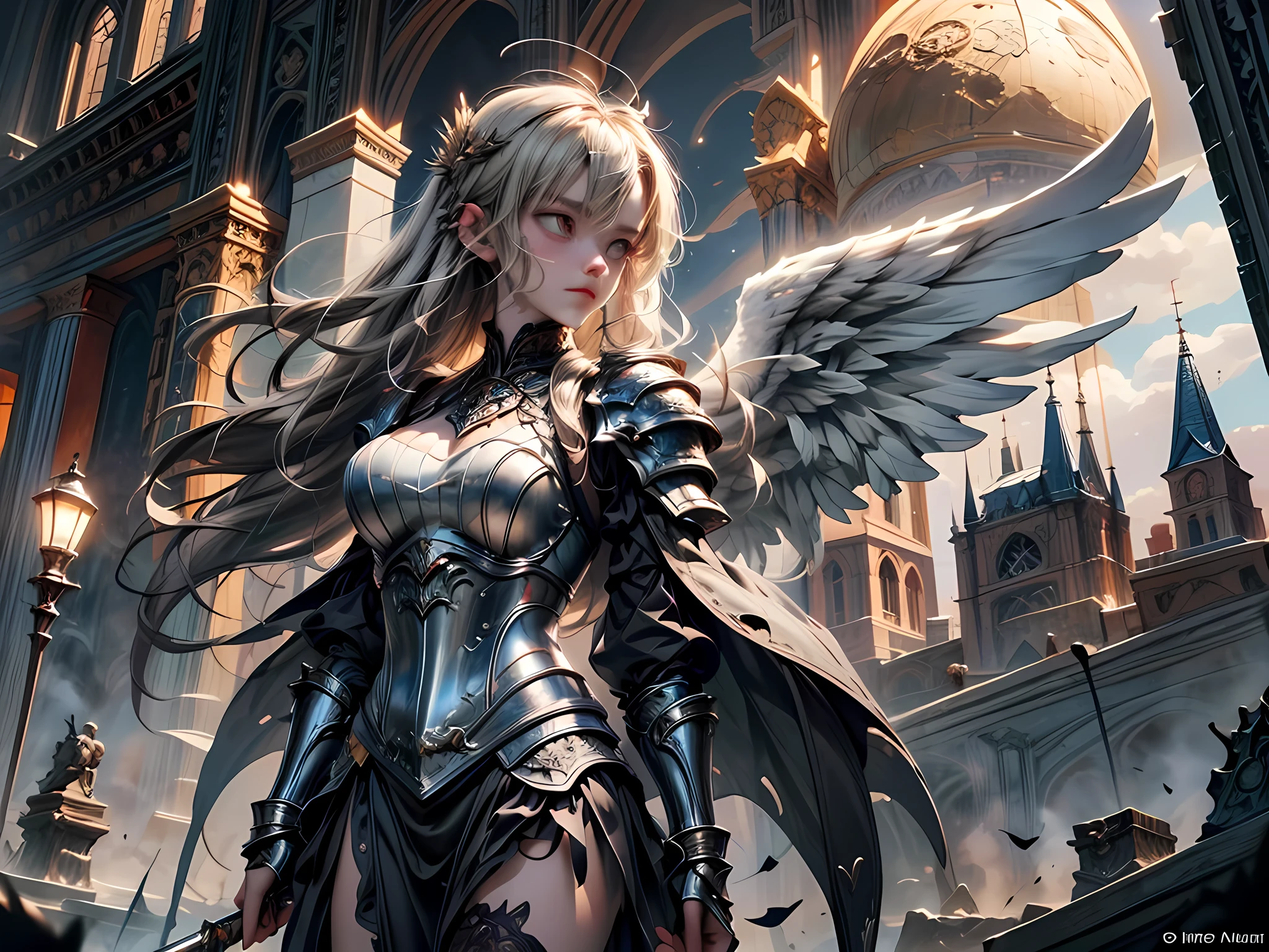 16K, ultra detailed, masterpiece, best quality, (extremely detailed), arafed, dnd art, portrait, full body, aasimar, female, (Masterpiece 1.3, intense details), female, paladin, holy warrior fighting undead (Masterpiece 1.3, intense details) large angelic wings, white angelic wings spread (Masterpiece 1.3, intense details), dark fantasy cemetery background, moon light, moon, stars, clouds, wearing (white: 1.1)  armor (Masterpiece 1.3, intense details), holy symbol, armed with sword, short blond hair,  detailed face, (Masterpiece 1.5, best quality), anatomically correct (Masterpiece 1.3, intense details), angel_wings, determined face, god rays, cinematic lighting, glowing light, silhouette, from outside, photorealism, panoramic view  (Masterpiece 1.3, intense details) , Wide-Angle, Ultra-Wide Angle, 8k, highres, best quality, high details, armored dress, landing_wings