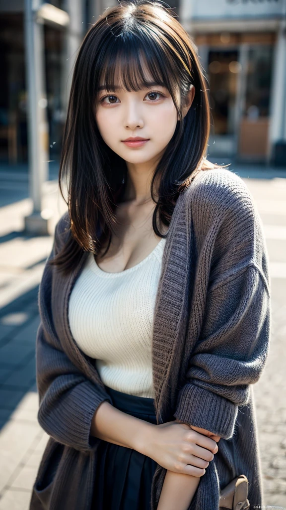 masterpiece, Best Quality, 8K, 20 yo, huge breasts, cuddly, Solo, sad, Cute, Girly, Delicate girl, Neat and clean beauty,  Raw photo, Professional Photography, Portrait, Soft light, Professional Lighting, Back lighting, Upper body, front view, from front, Sophisticated, Film grain, (Eyes and faces with detailed:1.0), short length floating hair, beautiful flowing hair, bangs, Pea coat, wool sweater
