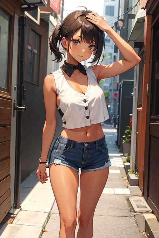 a tan girl wearing a sleeveless lowcut shirt with collar, standing
