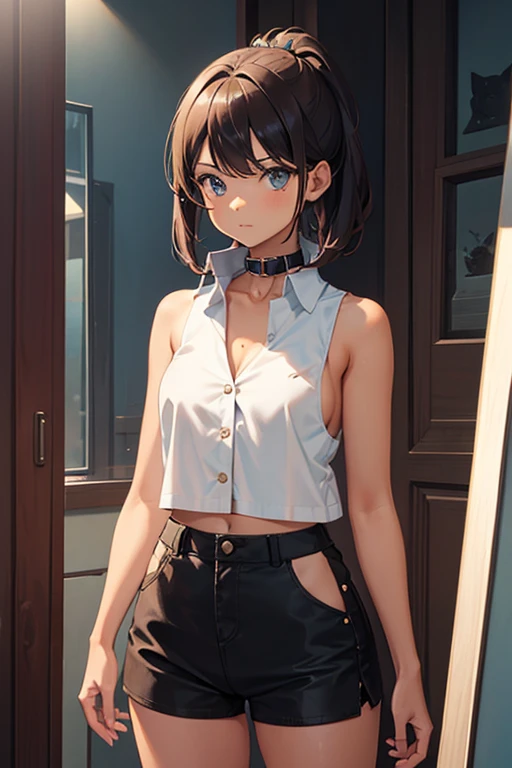 a tan girl wearing a sleeveless lowcut shirt with collar, standing