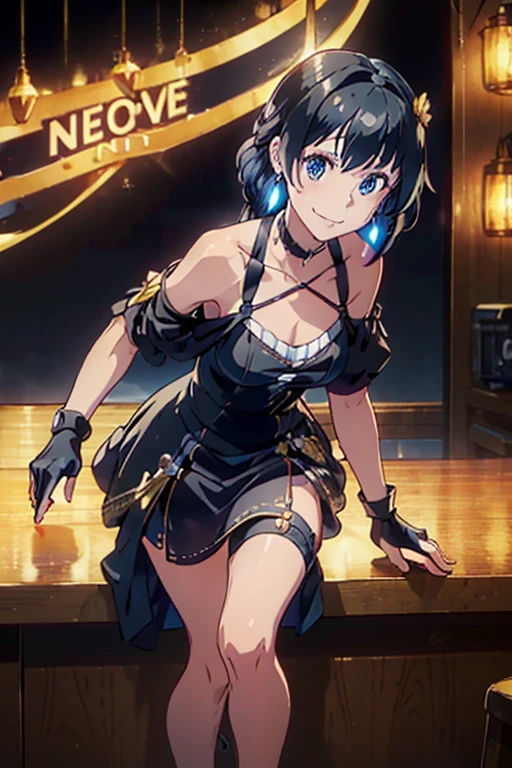 (dynamic angle:1.3, front view:1.1, breast focus:1.3, from below:1.2), (dynamic posing:1.5, sexy posing:1.2, leaning forward), (seductive smiling:1.3), beutiful woman, 1girl,fullbody, happy, (with sparkling eyes and a contagious smile:1.2), red face, closed mouth, beautiful detailed eyes, super detailed skin, backlighting, bare shoulders, black background, black dress, black gloves, black hair, breasts, dress, earrings, fingerless gloves, floating hair, floral print, flower, gloves, gold earrings, gold hairband, hair flower, hair ornament, hairband, holding, holding two-hands knife weapon, jewelry, small breasts:1.2, long hair, looking at viewer, off-shoulder dress, off shoulder,blue eyes, short hair with long locks, sidelocks, solo, spikes, thighs, two-sided dress, two-sided fabric, weapon, fighting stance , face, close up, from above, highest quality, high resolution,Real World, Natural light,perfect Natural light,looking at viewer,The bar is beautiful, with colorful bottles of alcohol in the background and a soft glow from neon lights.