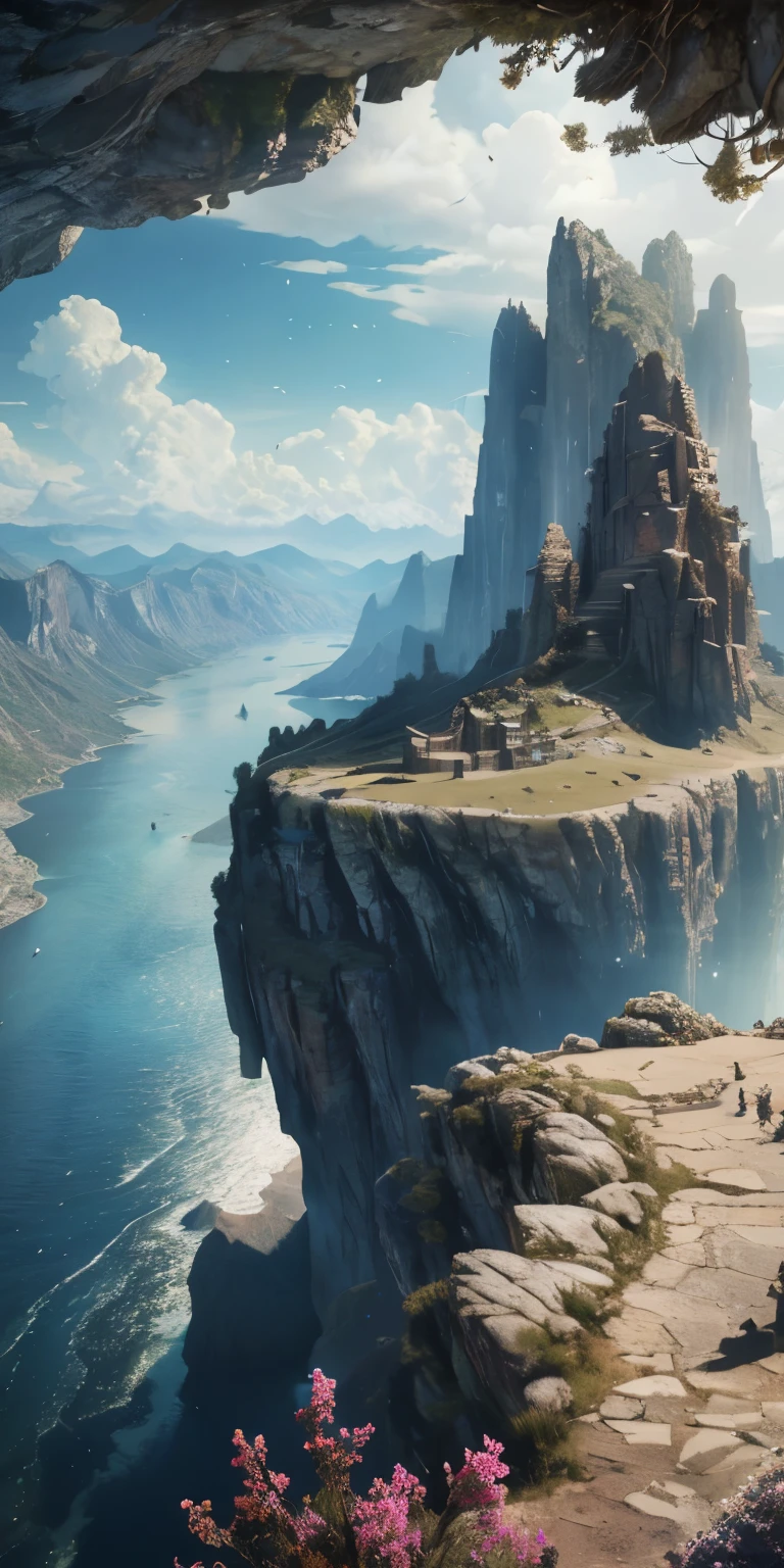 masterpiece, Best quality, high quality, Extremely detailed CG unity 8k wallpaper, landscape, outdoor, sky, Cloud, sky, non-human, mountain, scenery, water, tree, blue sky, aguafall, cliff, nature, lake, river, Nubey skies, award winning photography, bokeh, depth of field, HDR, bloom, chromatic aberration, photorealism, Highly detailed, trending on artstation, trending on cgsociety, intricate, High detail, Dramatic, midway art