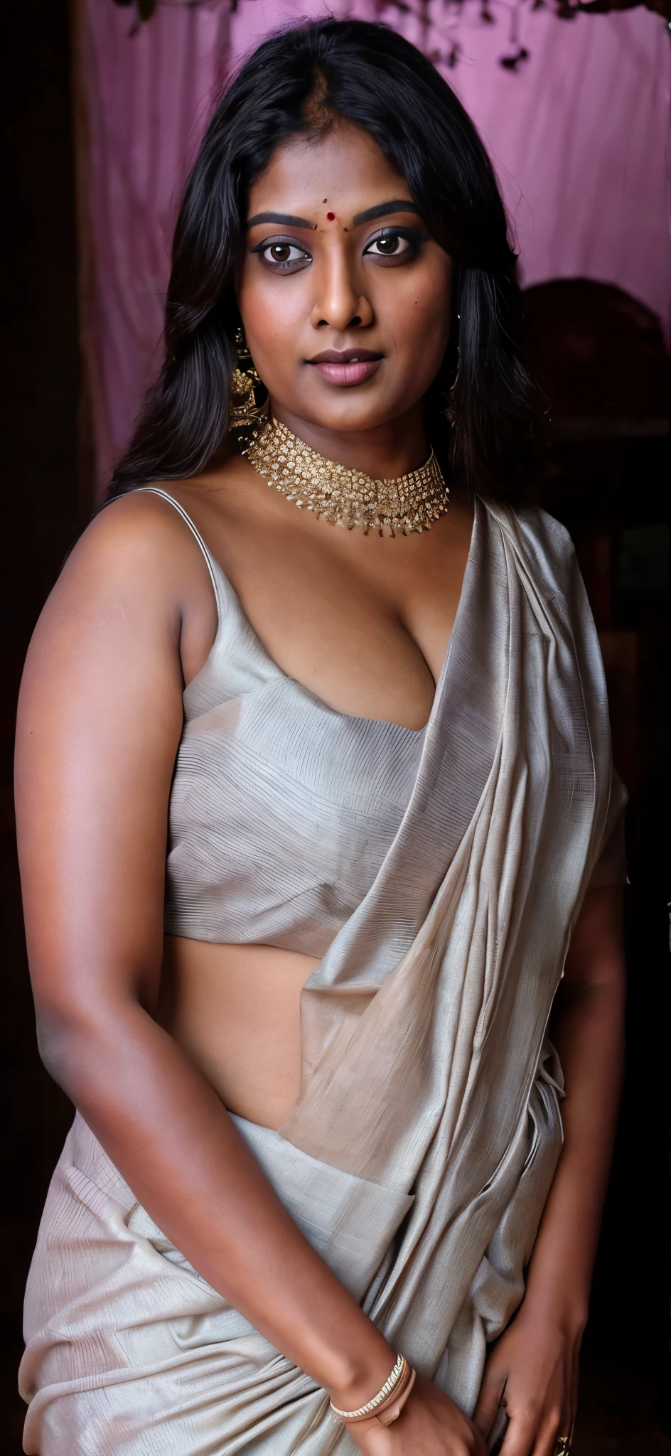 Looks like Indian Actress Ester Noronha, An Extremely gorgeous and beautiful Bengali village woman, 45 yo, pale white skin, sensual appealing body, perfect thick and chubby Beauty, wearing saree bare-chested, wearing a Bengali-style saree without a blouse,, ethnic vintage bengali village woman, bengali style saree, The sari was worn without a blouse and petticoat before the British Raj, baring one's chest or being blouseless, Bengalis a.k.a. Bongs are known for their unique Bengali fashion sense (the way they don that sari makes you go wow), Pre British Raj, Pre colonial era, Bengali Woman draping sari without blouse is a normal thing in pre British Era, bong woman, wearing kajal or kohl or kajol in eyes,