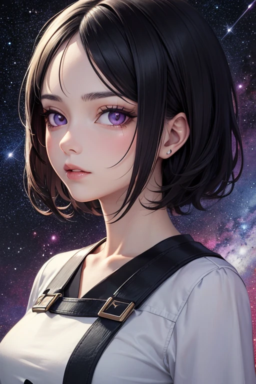 ((best quality)), ((masterpiece)), (detailed), anime girl, perfect face, short black hair, purple eyes, space in eyes, sparkles, neutral face, looking at viewer