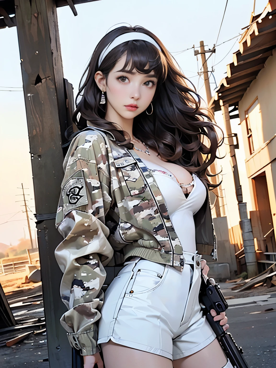 ((((highest quality))))、(((Ultra-precision CG16K wallpaper)))、(((masterpiece)))、(((Super detailed)))、(((Extreme detail)))、((1Mature 29 year old woman:1.6))、((Very beautiful Japanese faces))、((vegetable々Introduction:1.5))、((Soft wavy medium long hair、blunt bangs:1.5))、(Shiny brown hair)、Beautiful Eyes、Clearly defined pupils、eyeliner、Eyeshadow、High nose、Small nostrils、Small Mouth、Seductive lips、Beautiful breasts、((C cup size breasts))、Cleavage、Beautiful feet、eight-headed body、Perfect proportions、Perfect Anatomy、Perfect composition、Beautiful detailed shading、Beautiful, natural lighting、Beautiful detail glow、Depth of written boundary、(((High chroma)))、(((Real:1.9)))、((vivid:1.5))、((Beautiful Skin))、((Skin Texture))、((Realな皮膚感))、(((Cowboy Shot:1.6)))、((Front view、shoot from front、Front low angle:1.6))、(((Serious face:1.5)))、Bright daylight、Natural light、(((ruins、leaning telephone pole:1.5)))、(Shooting pose:1.6)、(((White camouflage blouson、White camouflage shorts:1.6)))、((Earrings、Wearing a necklace:1.3))、(((hair band、Wearing knee-high boots:1.5)))、(((The woman has a gun:1.6)))、