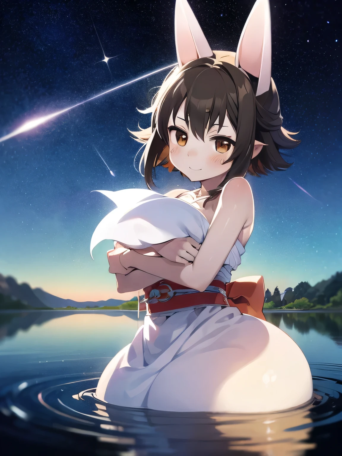 (Two Japanese girlasterpiece, 最high quality, high quality, High precision,Highly detailed 8K wallpapers、Pure、sorrow、Neo Venice、Uyuni salt lake、horizontal line、White Knight、Reflective water surface、In a wide lake、(My shoulders are red、Flushed skin)、(Cute Lingerie、Sexy Ribbon、Awahime、Hair blowing in the wind、Shiny Hair、Glowing Skin、beautiful spotlight、Gravure actress photoshoot、Full body portrait)、(Image idol sculpture、A lovely idol pose)、Heavy breathing、(Wide sky、infinity mirror、Beautiful backlight)、Cutedaughters、cute kids、(Exposed breasts、Sweat runs down your chest)、Mojimoji、(A shy smile)、defenseless、cute squid belly、back、🌟 Delicate and beautiful eyes、Beautiful eyes illuminated by the light、Shiny Hair、Reflected Eyes、.(Look at the sky:1.3).(Red face:1) . (CG paintings with attention to detail),(Perfect image).、A little excitement、Thin chest、cute smile、Thin body、Before menarche、(girl、Little daughter、Fox Ears、Feather hair ornament、Brown Hair、Gray Hair、Slimming、cute chest、Small breast protrusion、cute belly、cute thighs、Cute barefoot、cute, cute smile)、(girl、wife、daughter、younger sister)、Low Angle、Colorful sky、Contrail、shooting star、rainbow