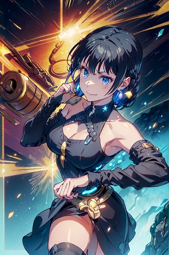 (dynamic angle:1.3, front view:1.1, breast focus:1.3, from below:1.2), (dynamic posing:1.5, sexy posing:1.2, leaning forward), (seductive smiling:1.3), beutiful woman, 1girl,fullbody, happy, (with sparkling eyes and a contagious smile:1.2), red face, closed mouth, beautiful detailed eyes, super detailed skin, backlighting, bare shoulders, black background, black dress, black gloves, black hair, breasts, dress, earrings, fingerless gloves, floating hair, floral print, flower, gloves, gold earrings, gold hairband, hair flower, hair ornament, hairband, holding, holding two-hands knife weapon, jewelry, small breasts:1.2, long hair, looking at viewer, off-shoulder dress, off shoulder,blue eyes, short hair with long locks, sidelocks, solo, spikes, thighs, two-sided dress, two-sided fabric, weapon, fighting stance , face, close up, from above, highest quality, high resolution,Real World, Natural light,perfect Natural light,looking at viewer,The bar is beautiful, with colorful bottles of alcohol in the background and a soft glow from neon lights.