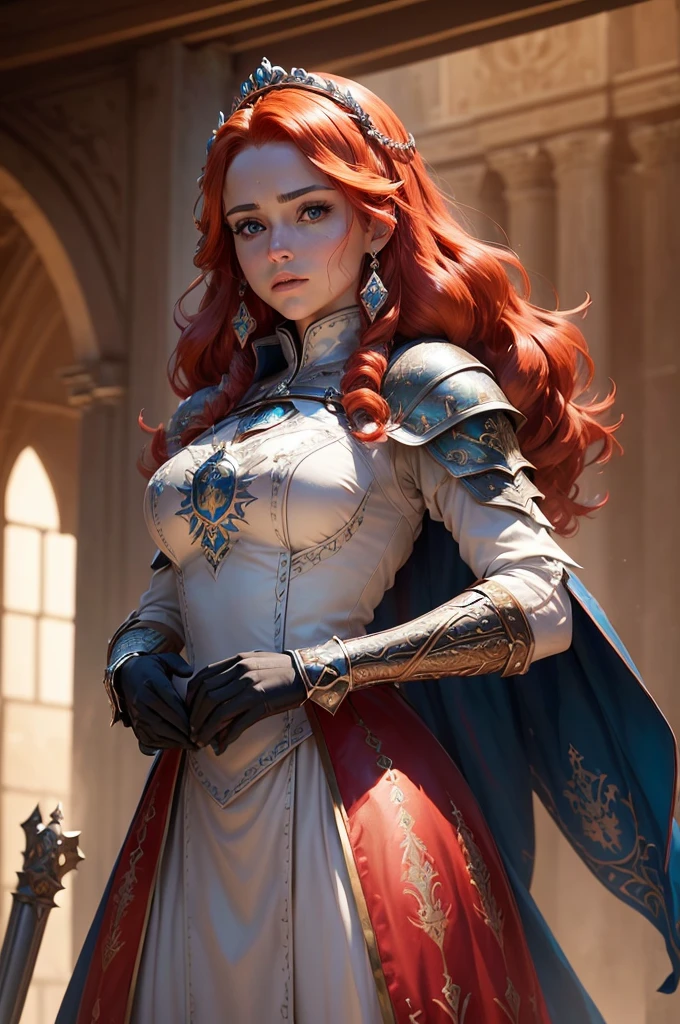 (Beautiful royal princess woman: 1.6) Female warrior with sword armor and ornate shield (Extremely exquisite and beautiful) (Game of Thrones Medieval) (Ancient ruins: 1.2) (Weight loss: 0.8) (Headquarters Skin: 2, Glowing skin) Soft lighting, Coat color: Red (Colorful hair: 1.5) (masterpiece: 1.2) (Realistic: 1.2) (Best quality) (Delicate skin: 1.3) (Intricate details) (HDR) (Film photography lighting) (sharp focus) (illustration: 1.1) (detailed) (fondo detailed) (Atmospheric volumetric fog: 1.1) Epic Poster (wallpaper) (cable: 1.2) (embroidery: 0.5) (original photo: 1.2) ultra-high-solve (detailed面部特征) Shooting at eye level (solve: 8k) (Dynamic poses) Fuji XT3 (fondo de pantalla ultra detailed de Juego de Tronos 8K) role playing game (Gorgeous royal family)