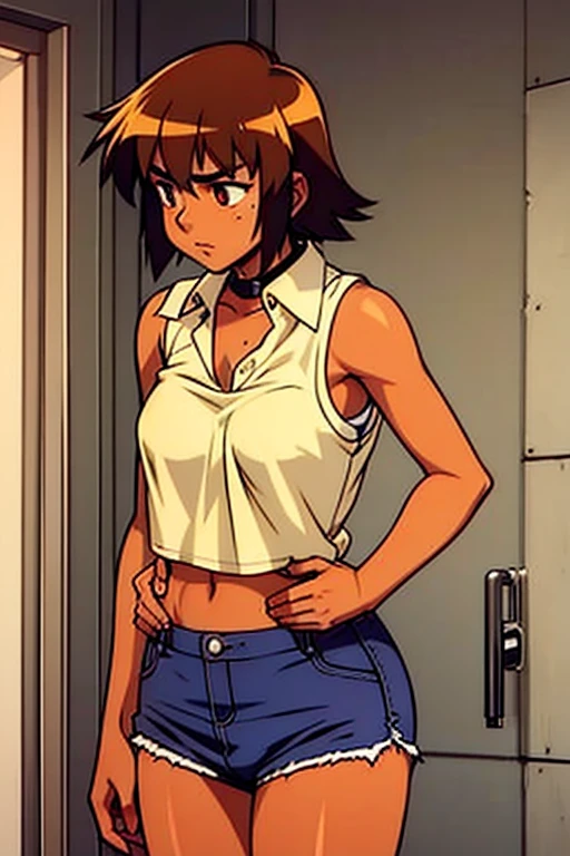 a tan girl wearing a sleeveless lowcut shirt with collar, standing, resting hands on the stomach, in pain
