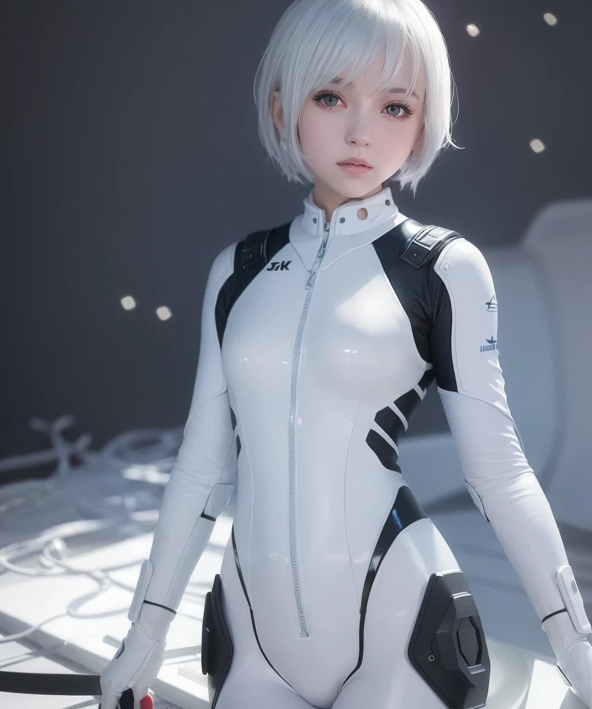 (8k, best quality, masterpiece:1.2),high resolution,masterpiece,Ultra Detailed,Solitary,1 girl,(Background color is white:1.5),(Delicate Eye),((whitehair)), short_hair, Starry Sky_Invalid, Solitary, night_Invalid, Red_Eye, silver latex bodySet, pilot_Set, fronthair, Light_particle, ((There are triangular sensory organs on both sides of the head)), Tighten_clothing, Mid-chest, Bokeh, Mechanical clothing, Small logo print on chest, A foreign body is inserted into the, Very cute human face,