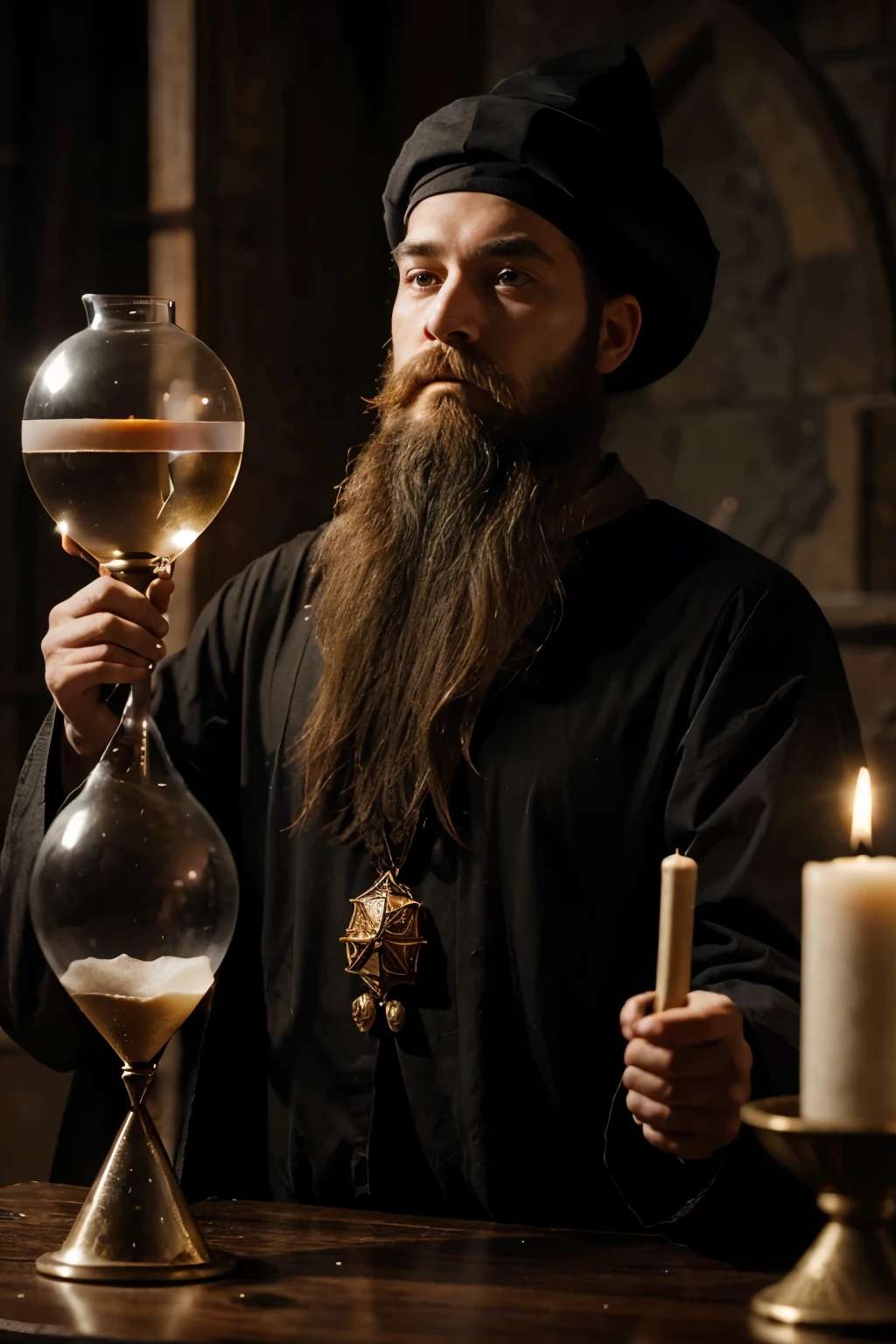 bearded wizard with hourglass in hand, image looks old