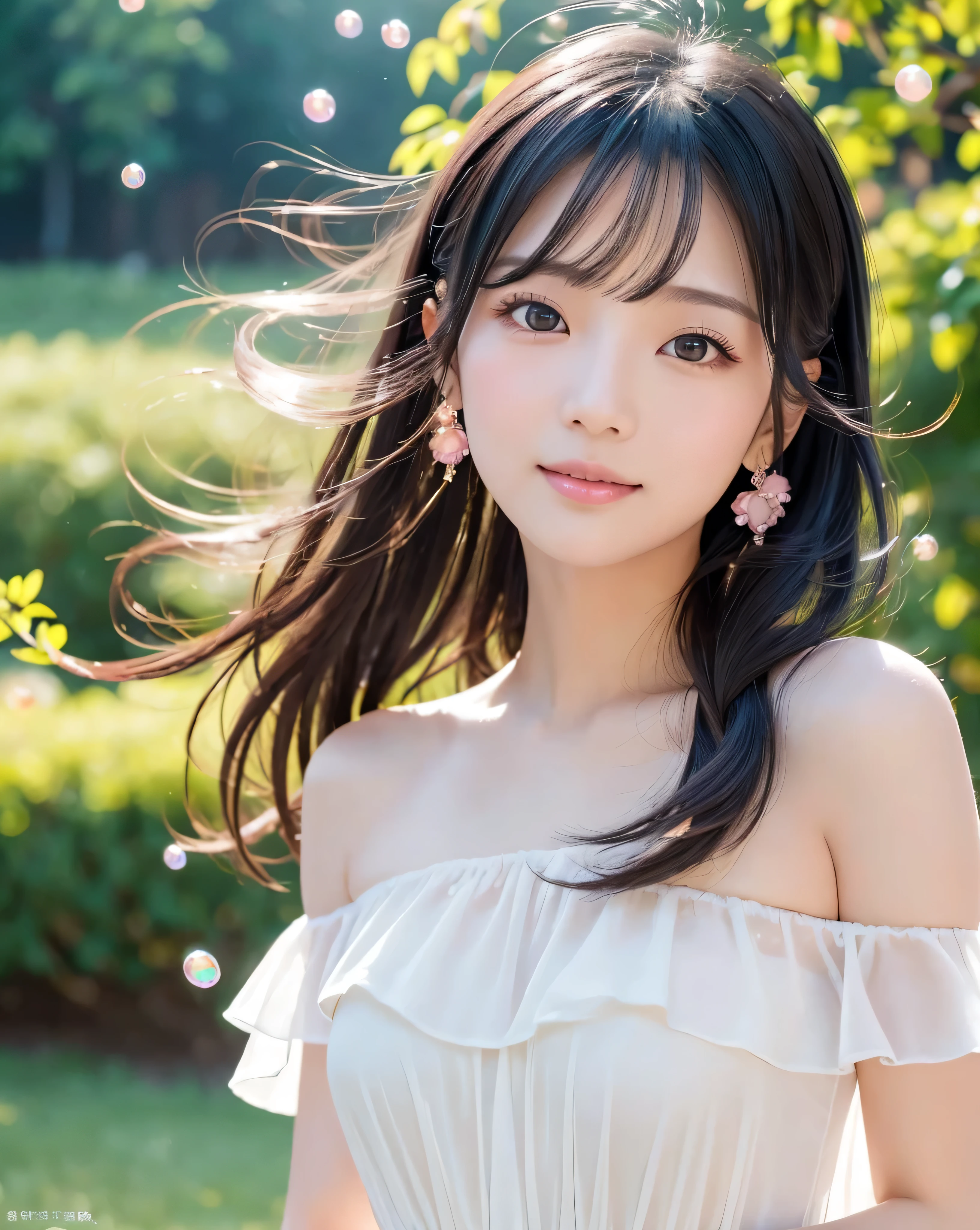 (highest quality, 32k, High resolution, masterpiece:1.5, ), internal_jet, Memorable photos in abstract style, ((In a swirl of fantastic pastel colors and soft light)), A sense of calm and elusive beauty, Very rich emotional expression, Have a rich imagination, Cute Japanese Girl, whole body, Unexpected angle, Very beautiful face, Magic big eye, A kind smile, Motherhood and generosity, Overflowing affection, ((Shiny black hair)), (Ponytail swaying in the wind), Beautiful asymmetrical bangs, Hair between the eyes, Transparent, soft, white skin, Neat, Thin eyebrows, double eyelid, Pale pink lips detail, ((White see-through dress)), Off the shoulder, High resolutionの完璧な鎖骨, High resolutionの美しい胸元, Slender body with ample breasts, High resolutionの美しい太もも, Soft sunlight, (Colorful shining light particles:1.3)Professional Lighting, Professional Photographer, Professional models,Mysterious