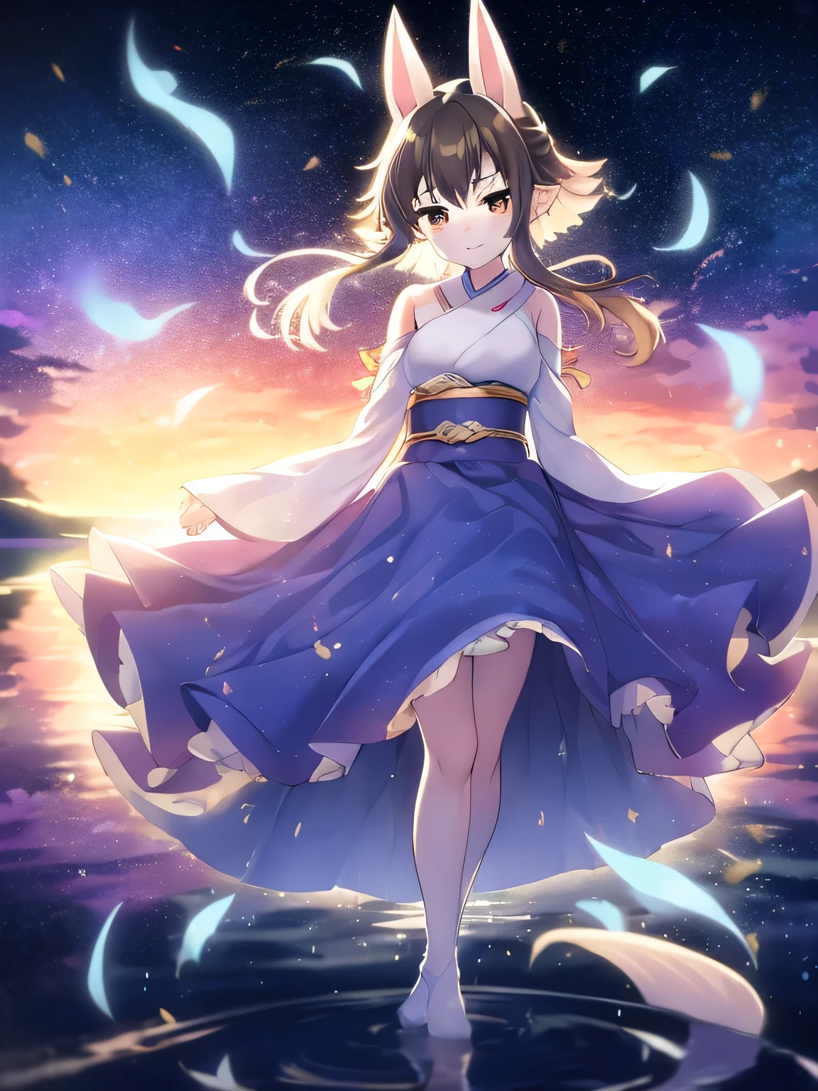 (Two Japanese girlasterpiece, 最high quality, high quality, High precision,Highly detailed 8K wallpapers、Pure、sorrow、Neo Venice、Uyuni salt lake、horizontal line、White Knight、Reflective water surface、In a wide lake、(My shoulders are red、Flushed skin)、(Cute Lingerie、Sexy Ribbon、Awahime、Hair blowing in the wind、Shiny Hair、Glowing Skin、beautiful spotlight、Gravure actress photoshoot、Full body portrait)、（Image idol sculpture、A lovely idol pose）、Heavy breathing、(Wide sky、infinity mirror、Beautiful backlight)、Cutedaughters、cute kids、(Exposed breasts、Sweat runs down your chest)、Mojimoji、(A shy smile)、defenseless、cute squid belly、back、🌟 Delicate and beautiful eyes、Beautiful eyes illuminated by the light、Shiny Hair、Reflected Eyes、.(Look at the sky:1.3).(Red face:1) . (CG paintings with attention to detail),(Perfect image).、A little excitement、Thin chest、cute smile、Thin body、Before menarche、（girl、Little daughter、Fox Ears、Feather hair ornament、Brown Hair、Gray Hair、Slimming、cute chest、Small breast protrusion、cute belly、cute thighs、Cute barefoot、cute, cute smile）、（girl、wife、daughter、younger sister）、Low Angle、Colorful sky、Contrail、shooting star、rainbow