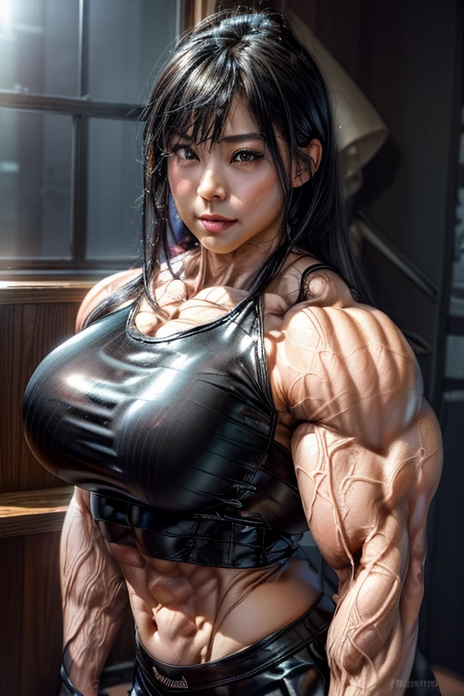 (巨大な筋肉を持つ黒いラテックスキャットスーツを着たMuscularの女性 :1.25), (Covered in black mucus), (whole bodyラテックススーツ:1.25), (Smooth and shiny black skin:1.25), (Shiny latex:1.25), (膨らんだvein:1.5), (vein:1.5), (whole bodyポーズ:1.5), White skin, Gray Hair, (Perfect Anatomy:1.5), (超Muscularのプロのボディビルダー:1.5), (巨大なMuscularの腕:1.5), Perfect model face, 美しい素敵なsmile, (超Muscularの体格:1.5), (Muscularの女性ボディビルダー:1.5), (巨大なMuscularの腕:1.5), (Big biceps:1.75), Big forearms, (((Tight waist)) Quality aspect, Adult female, smile, Pheromones, Married women, Muscular, Hercules, Muscular arms, Blood vessel, Muscular thighs, Small breasts, tall, whole body, Office Lady Uniform, No sleeve, Tight long skirt, Black long boots, Barefoot, Bench plate