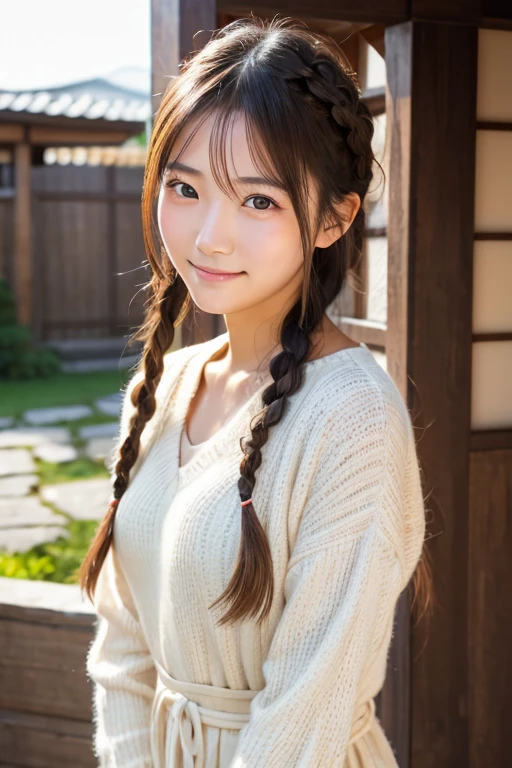 Beautiful 18 year old Japanese woman), Cute face, (Deeply chiseled face:0.7), (freckles:0.6), Soft Light,Healthy white skin, shy, (Serious face), (Sparkling eyes), thin, smile, Japanese , Braiding