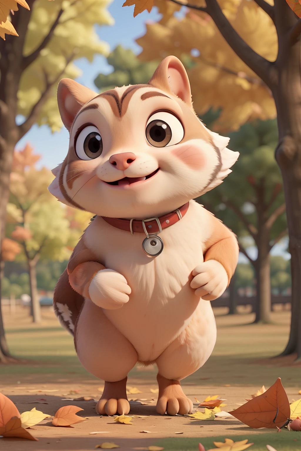 Imagem: A cute and mischievous squirrel runs among the fallen leaves of autumn trees, suas pequenas patas levantam uma nuvem de folhas secas enquanto ele pula de uma pilha de folhas para outra. Seu pelo marrom contrasta lindamente com as cores quentes do outono ao redor.