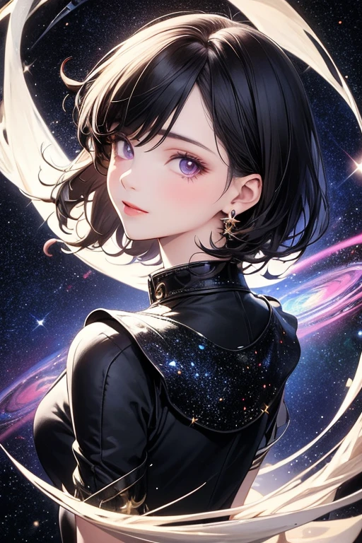 ((best quality)), ((masterpiece)), (detailed), anime girl, perfect face, short black hair, purple eyes, space in eyes, sparkles, neutral face, looking at viewer,  jumping between planets