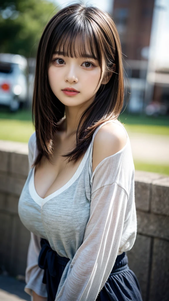 masterpiece, Best Quality, 8K, 20 yo, huge breasts, cuddly, Solo, sad, Cute, Girly, Delicate girl, Neat and clean beauty, Raw photo, Professional Photography, Portrait, Soft light, Professional Lighting, Back lighting, Upper body, front view, from front, Sophisticated, Film grain, (Eyes and faces with detailed:1.0), short length floating hair, beautiful flowing hair, bangs, oversized sport shir