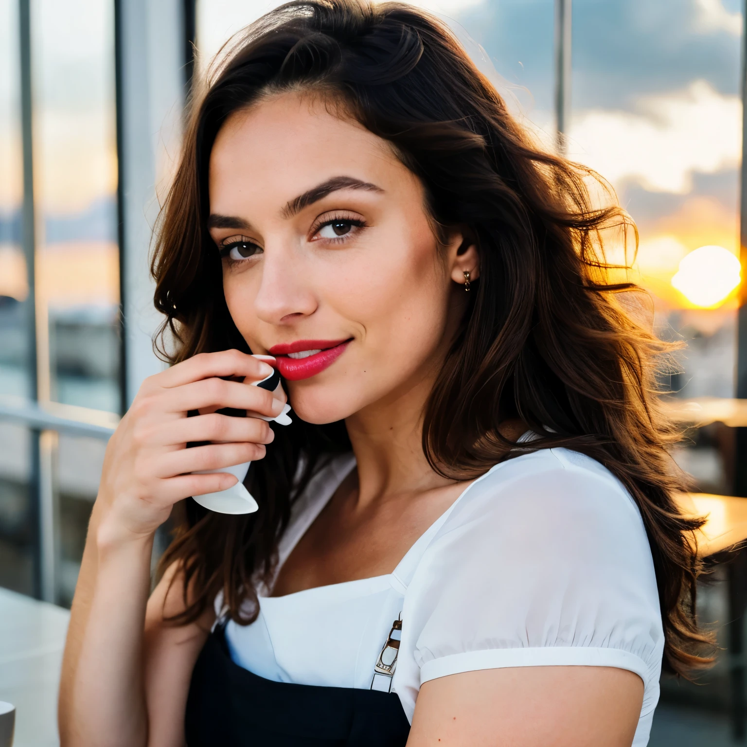 Beautiful brunette wearing a sexy transparent white top with red lipstick (Holding a cup of coffee in a modern café at sunset), Very detailed, 21 ans, visage innocent, natural wavy hair, yeux bleus, High resolution, Masterpiece, Best quality, Intricate details, highly detailed, mise au point nette, detailed skin, realistic skin texture, texture, detailled eyes, professionnel, 4K, sourire charmant, filmed in Canon, 85 mm, faible profondeur de champ, Couleur Kodak Vision, perfect fit body, Extremely detailed, photographier_\(ultra\), photoreallistic, Realstic, Post-traitement, maximum details, roughness, real life, ultra realist, photorealism, photographie, 8K UHD, photographie