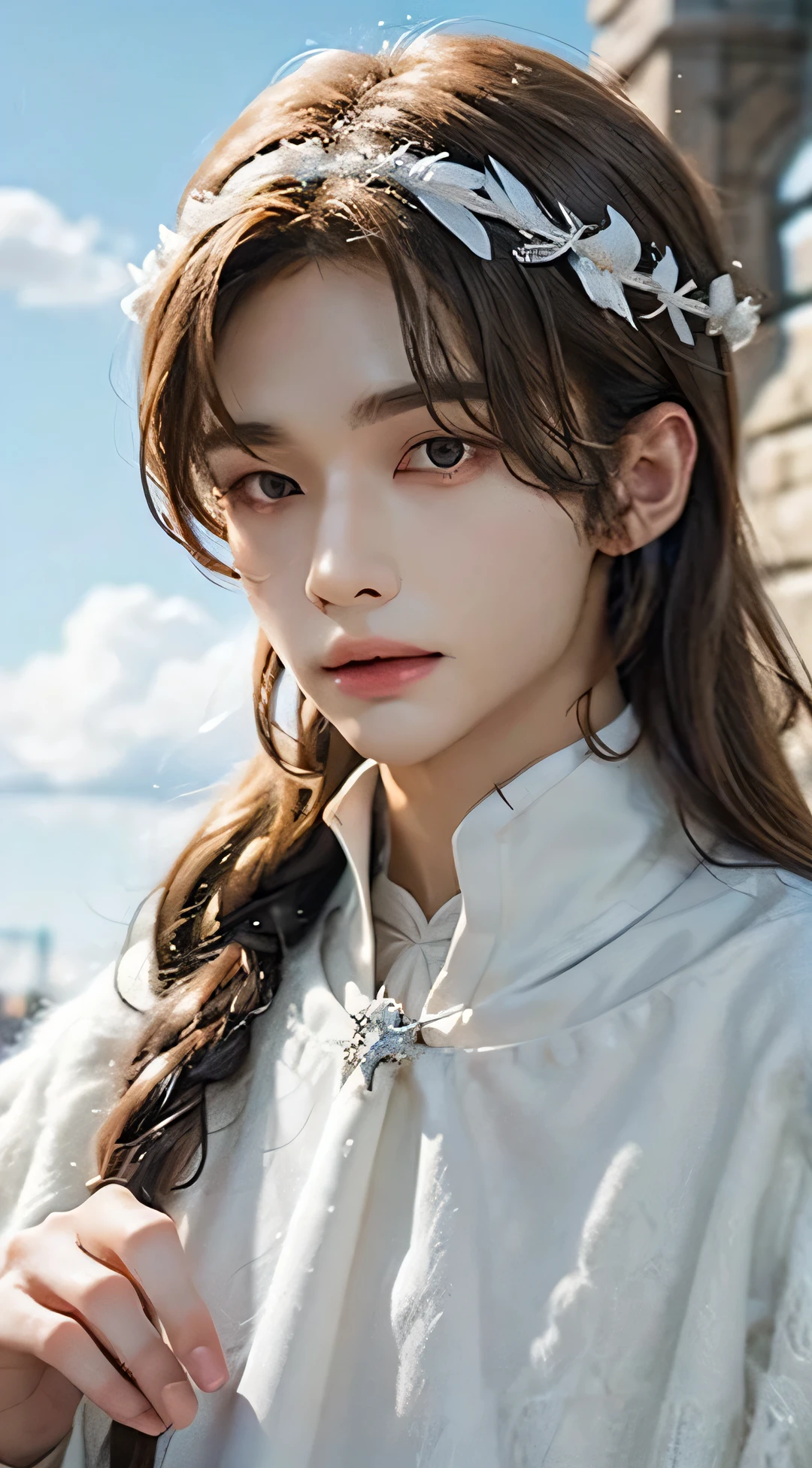 Beautiful boy angel in medieval white clothes, Above the beautiful and realistic clouds, big and realistic white feathers,  masuter piece, high-level image quality, Realistic and delicate depiction, Looking at Viewer, Beautiful, Realistic and delicate face
