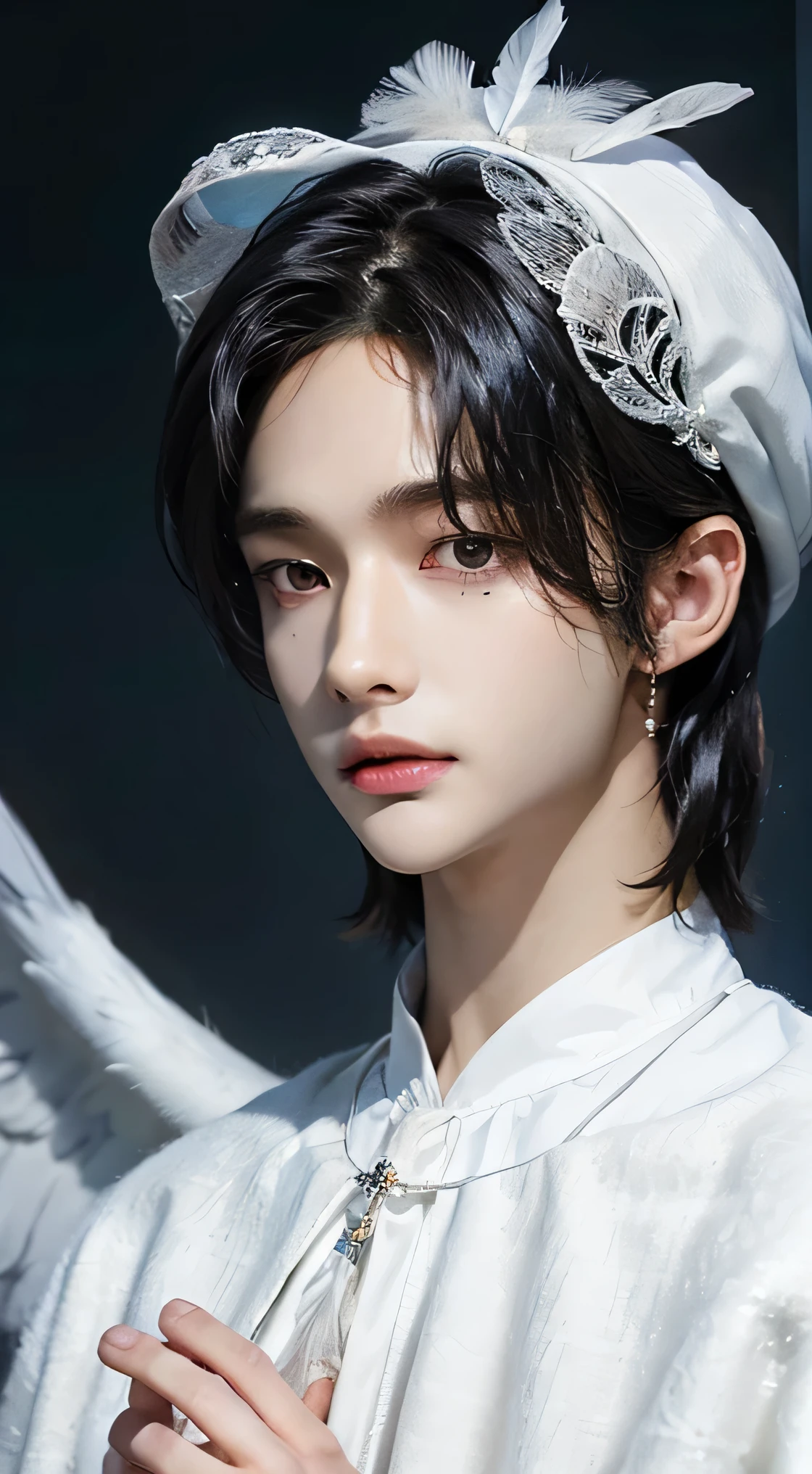 Beautiful boy angel in medieval white clothes, Above the beautiful and realistic clouds, big and realistic white feathers,  masuter piece, high-level image quality, Realistic and delicate depiction, Looking at Viewer, Beautiful, Realistic and delicate face