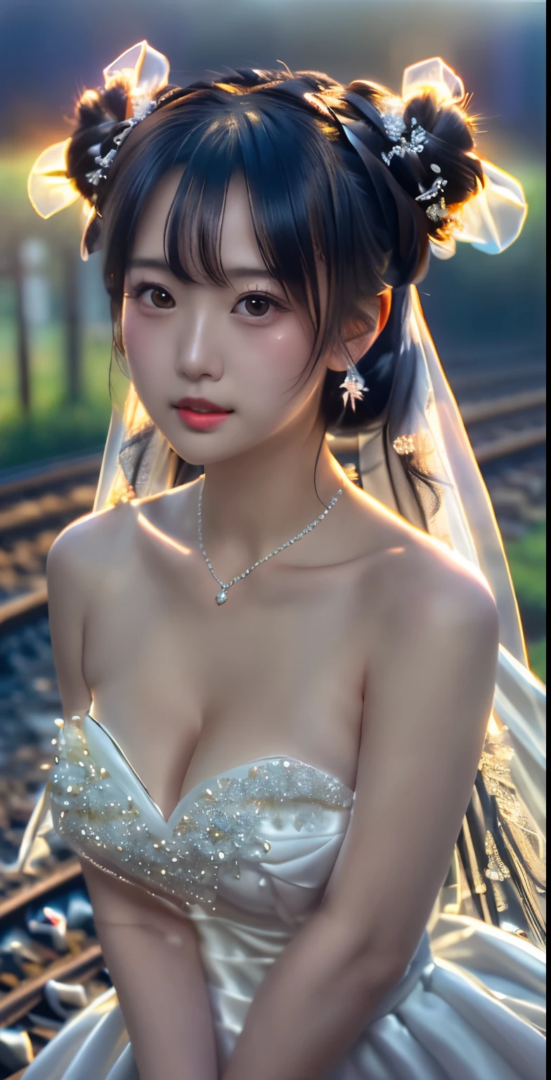 (((Pixel Perfect, Perfect details))), Solitary, 1 girl，bride, yuigahama yui， Keep your mouth shut，pink glossy lips,正妹穿著bride禮服的特写,Gulwitz, (((bride頭紗)))，（Transparent short veil），blush，Eyeshadow，Blushing face，Head flower，headgear，((Bouquet))，((((tube top wedding dress))))，(((Strapless Wedding Dress))),(Bare shoulders)，Pure white dress，(((necklace)))，((earrings))，(large breasts:1.3)，Bangs，Lipstick，((White long elbow gloves)),Half-length photo,High Detail RAW Color Art,White long skirt,There is a railway track next to it，(standing on the railroad tracks:1.3),18 years old, （Long twin tails：1.5）,(Double bun:1.5), Black Hair,night,Rainy Day