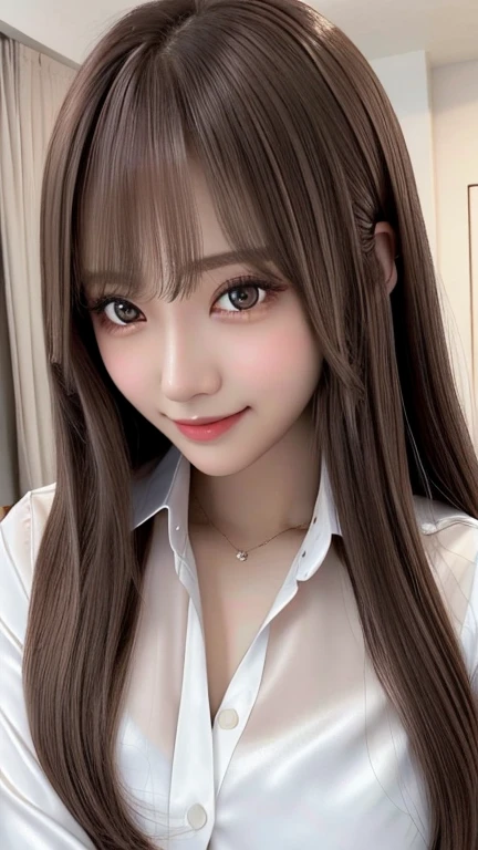 Front view, Young and pretty girl in Japan, night、Standing alone beside the bed in a luxurious room、put on a big smile, Charming person, Wearing a white silk satin shirt with an unbuttoned collar and long sleeves, Shiny satin white panties, Very cute face, Glossy Lips, Double eyelids on both eyes, Natural Makeup, Long eyelashes, shiny smooth light brown long hair,, Straight hair、Asymmetrical bangs, Center image, High resolution, Attention to detail, Detailed hairstyle, Detailed face, Great cinema lighting, Octane Rendering, Vibrant, Ultra-realistic, Perfect limbs, Perfect Anatomy