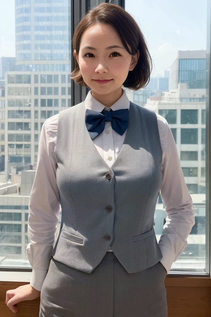1 Girl, Mature female, Vest, bow, photo, Practical, best quality, Hiring, Delicate face, office, Buildings seen from the window, Detailed background, Scattered sunlight, Depth of Field, Bokeh