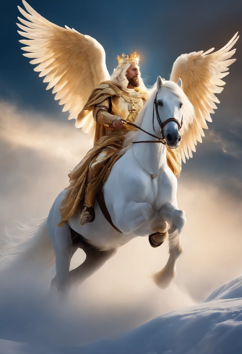 Jesus em seu cavalo branco, cabelos brancos como a neve,olhos como chama de fogo,golden crown full of diadems and his sword of justice in his hands coming from the open sky together with his angels