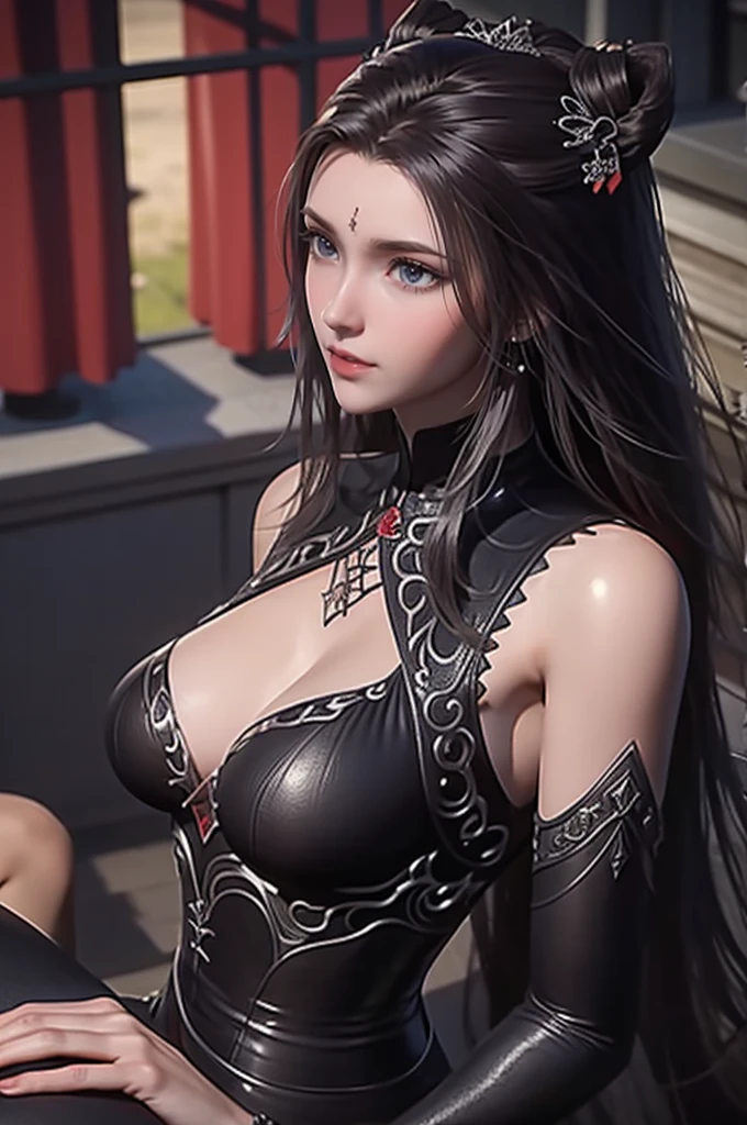 Close-up of woman in black and red clothes, beautiful fantasy queen, ((beautiful fantasy queen)), xianxia fantasy, author：Yang Jie, whole body xianxia, Game CG, Fantasy art style, Inspired by trees, xision wu, dragon, Beautiful and elegant demon queen, yun ling, digital fantasy art ) UHD, Retina, masterpiece, precise, Anatomically correct, textured skin, Super Detail, high quality, The award-winning, best quality, high resolution, HD, 16K, whole body,   A  sits on his mother's lap, Wearing sophisticated clothes and stylish shorts.