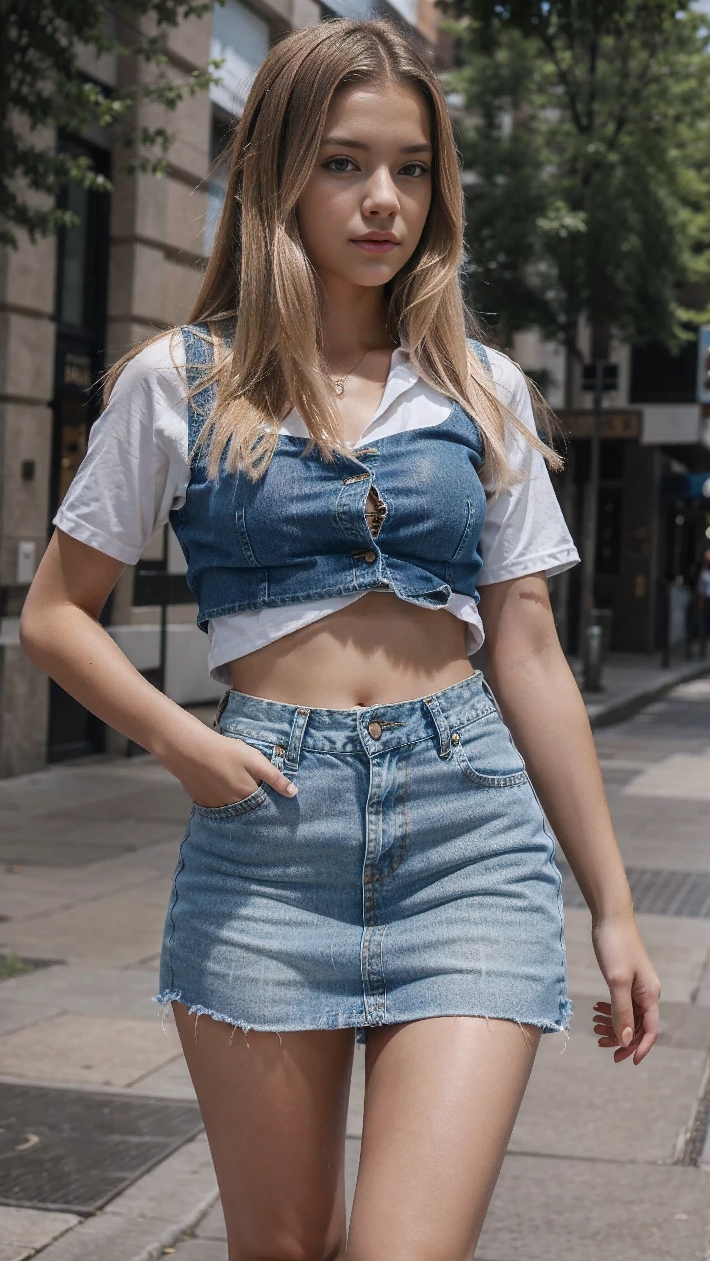  pretty teenager blonde girl, wearing a gorgeous full set detailed short denim skirt, tops and western fashion trends